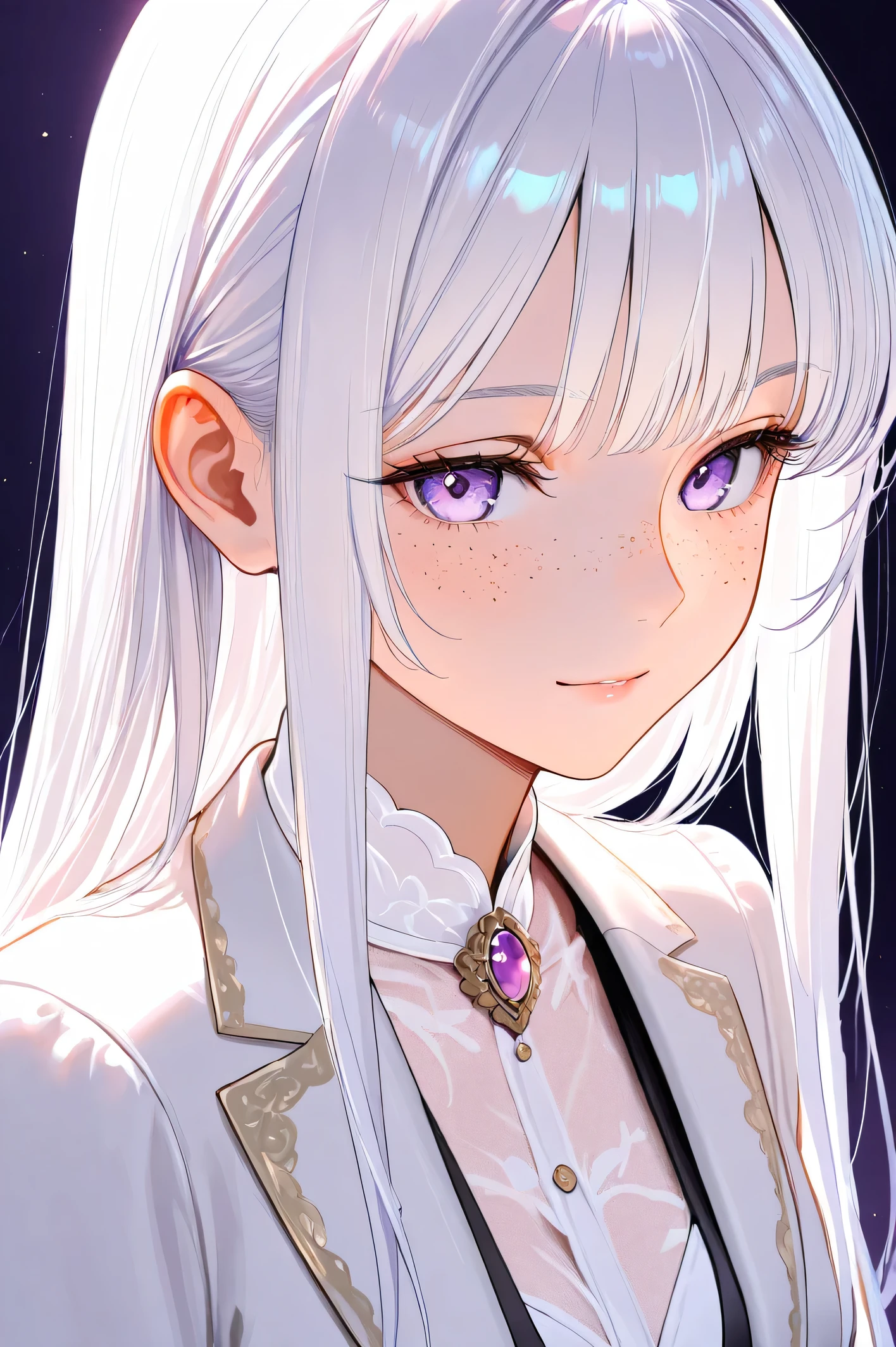  a woman with freckles on her face, pastel purple eyes ,  long straight white hair , elegant