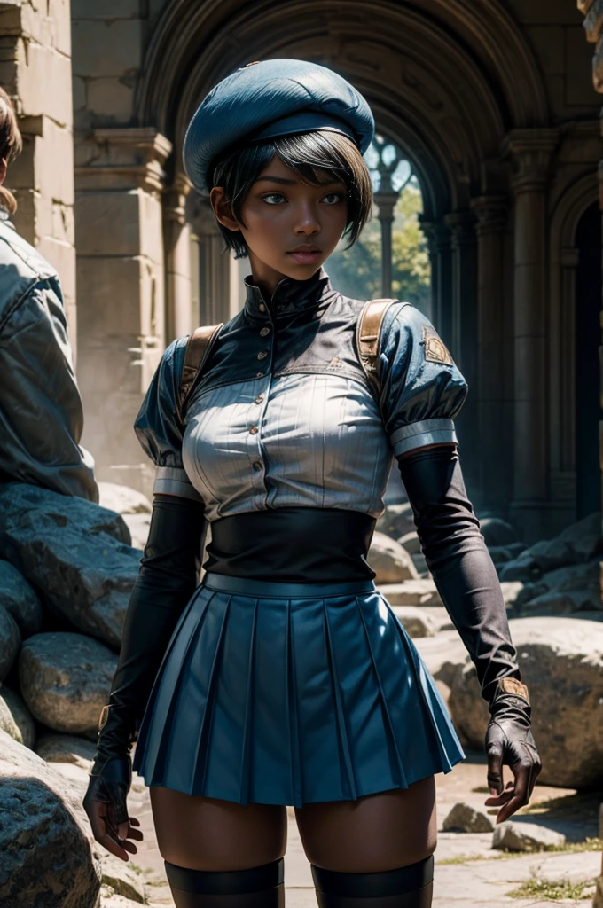 CielSoleil, 1girl, solo, short hair, blue eyes, pleated skirt, black hair, white thighhighs, black gloves, short sleeves, elbow gloves, dark skin, fingerless gloves, dark-skinned female, blue skirt, buttons, beret, blue headwear, looking at viewer, ((standing with woman who has short blonde hair)) standing underground, cave entrance, pool, rocks, small crowd in military uniforms, intricate details, tonemapping, sharp focus, hyper detailed, (masterpiece, best quality:1.2), stunning girlfriend, (standing:1.1), dynamic pose, heart shaped face, elegant face, beautiful face, highly detailed face, highly detailed skin, skin pores, subsurface scattering, realistic pupils, full lips, detailed background, depth of field, atmospheric perspective, volumetric lighting, sharp focus, absurdres, realistic proportions, good anatomy, (realistic, hyperrealistic:1.4), 16k hdr, 