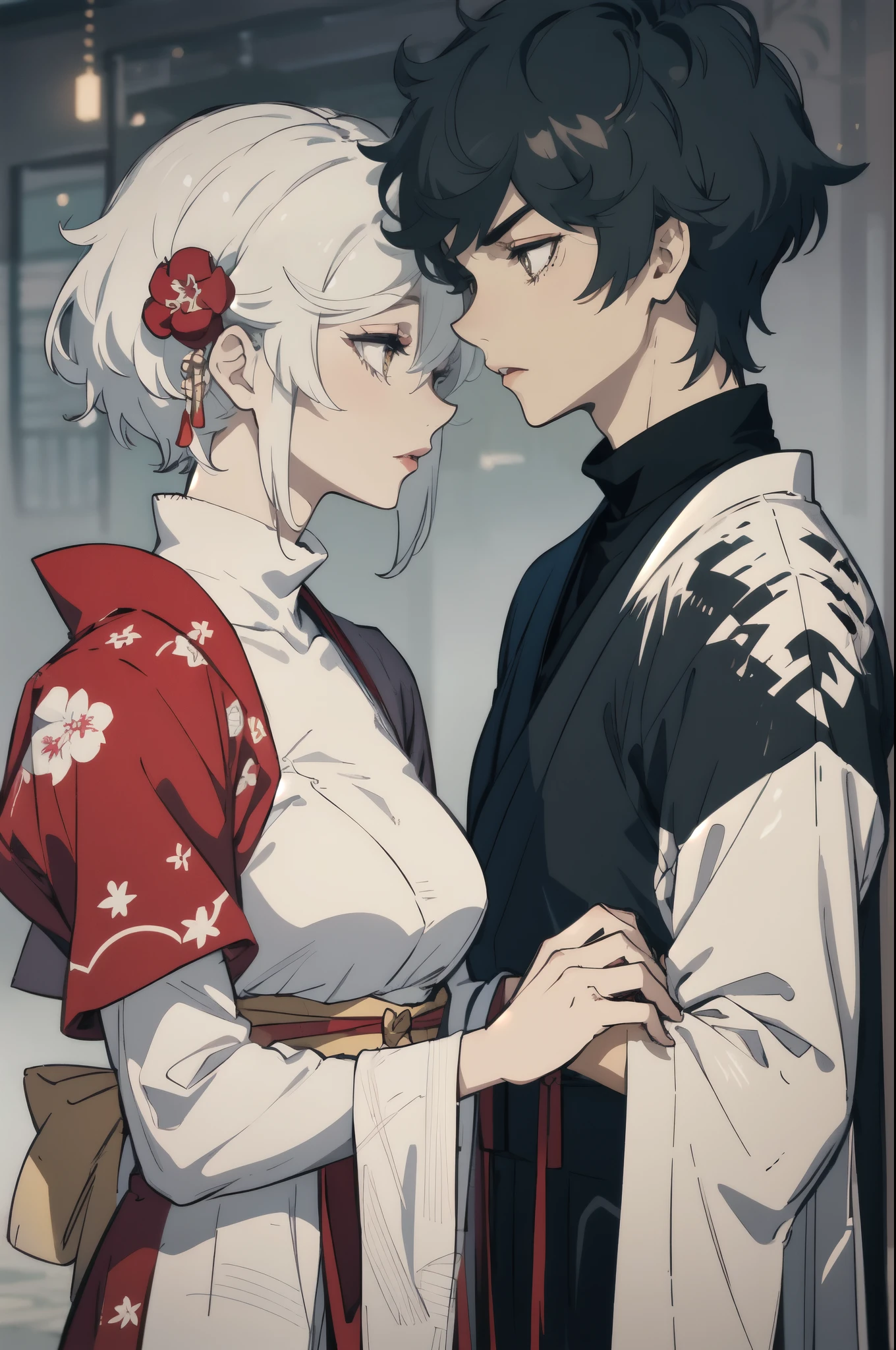  masterpiece ,  best quality,  high quality. two people.  a Man and a Woman. beautiful woman. [ Short brown hair.   look deep.  Traditional Japanese Wedding Clothes. delicate face. Submissive Looking Down .  red lips .  long lashes . Hair ornament ] [ White-haired man .  yellow-eyed . Serious look. black turtleneck outfit]