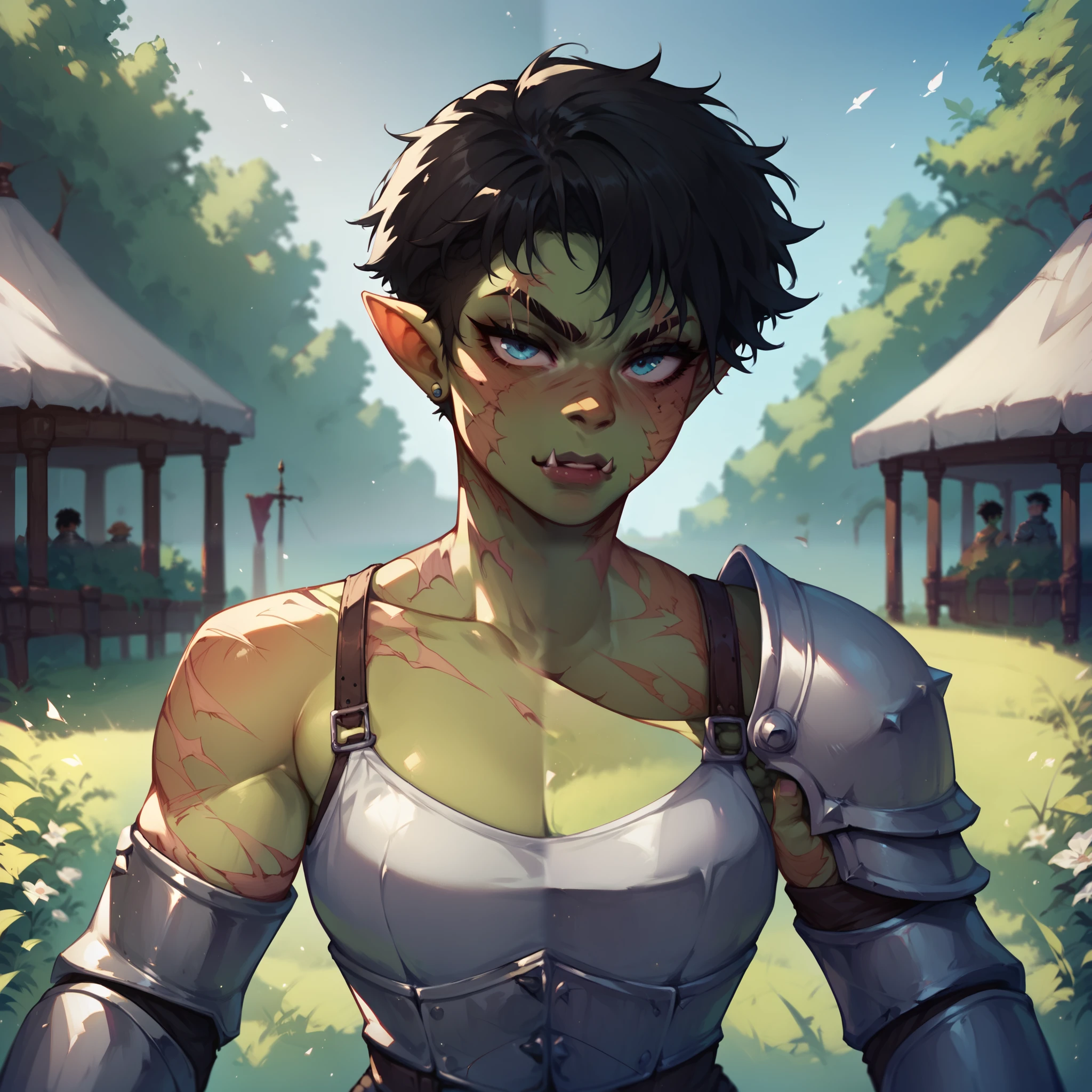 a tomboy orc. she has green skin and blue eyes with black hair. she is wearing armor and has scars all over her. she has no love in her eyes as they bags under them. she stands in a medieval battlefield. POV.
