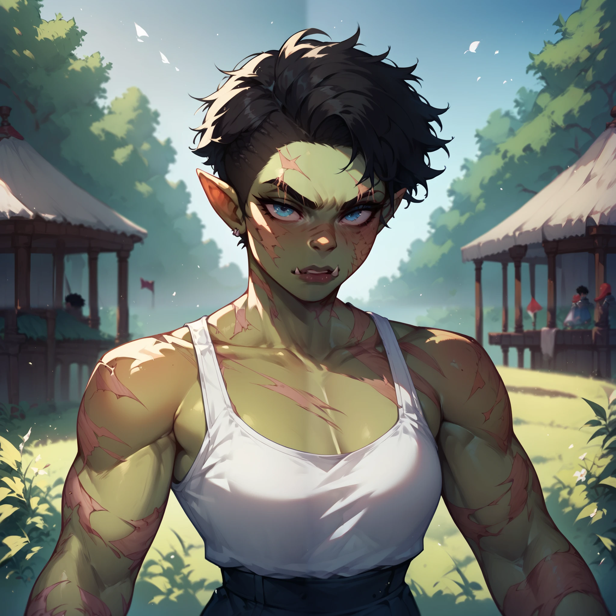 a tomboy orc. she has green skin and blue eyes with black hair. she is wearing armor and has scars all over her. she has no love in her eyes as they bags under them. she stands in a medieval battlefield. POV.