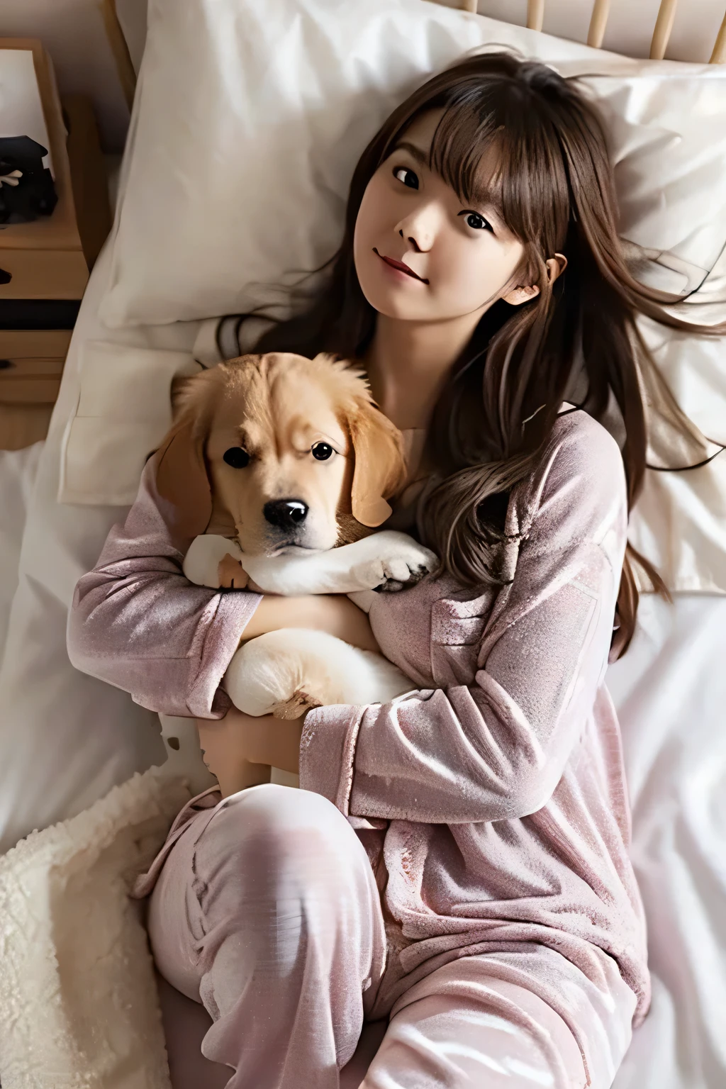 On the bed with the puppy、In pajamas、