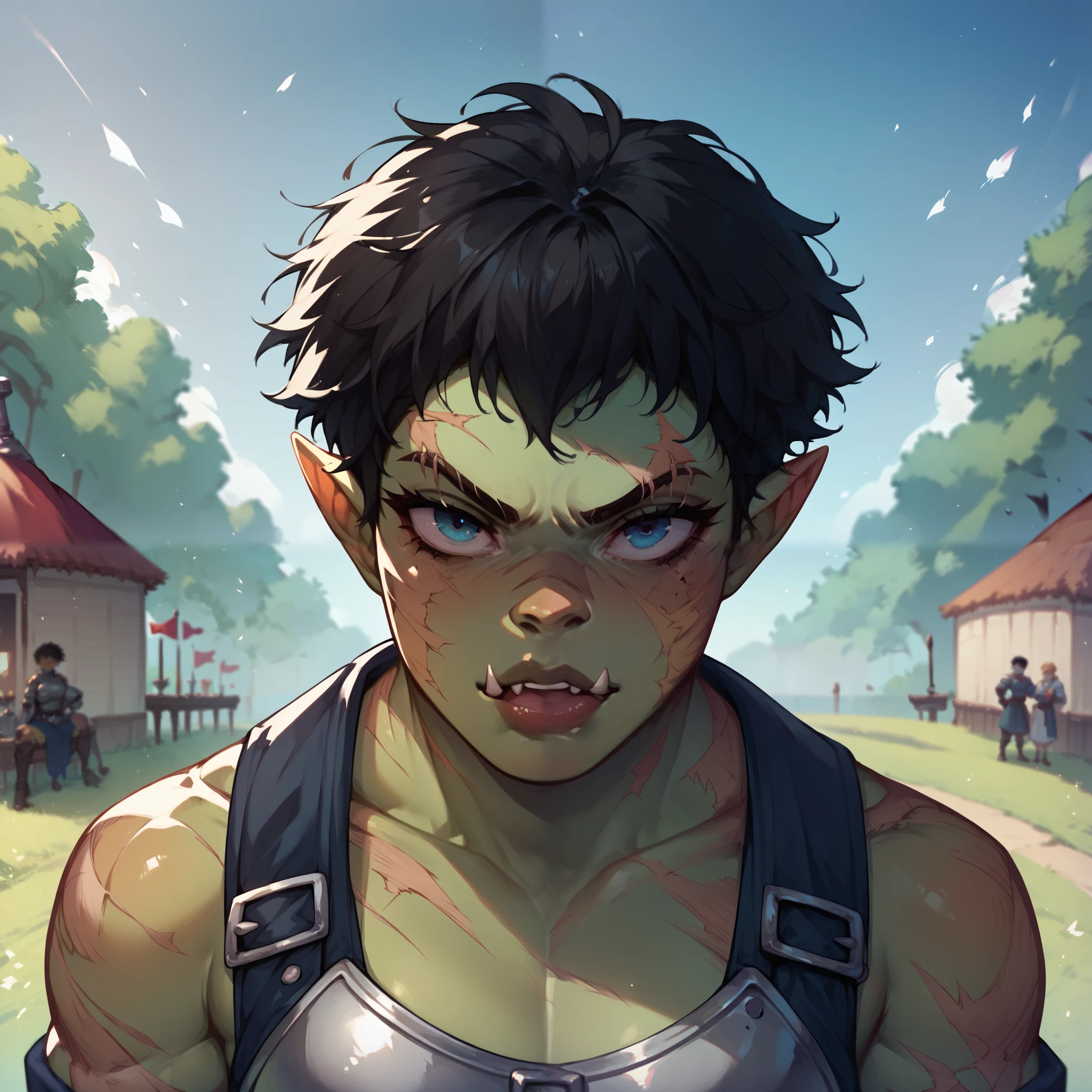 a tomboy orc. she has green skin and blue eyes with black hair. she is wearing armor and has scars all over her. she has no love in her eyes as they bags under them. she stands in a medieval battlefield. POV.
