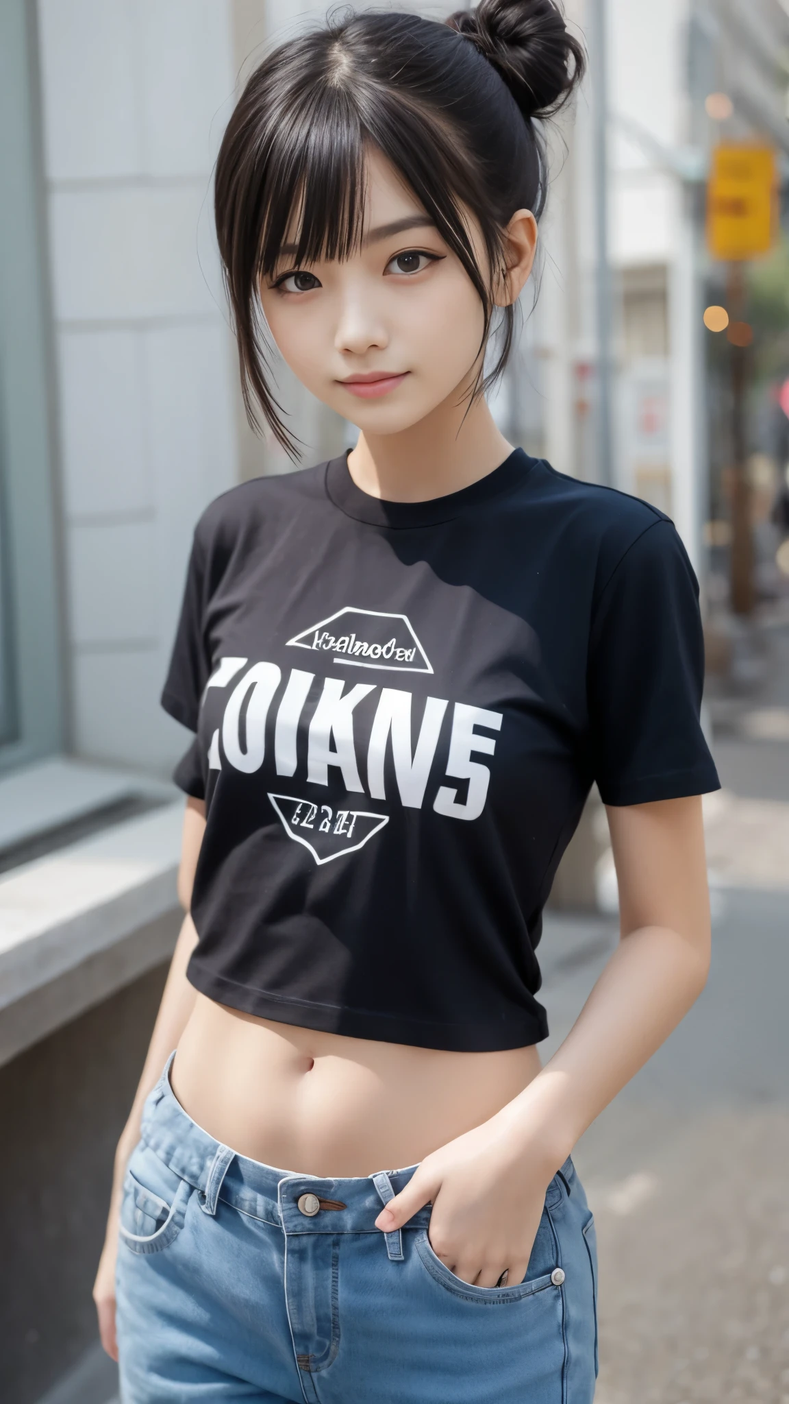 (  best quality :1.5), ( Genuine:1.4), (  Ultra Fine:1.4), (  Uncensored:1.4), (), (Alone), (Round  ), ( Crunchy), ( skinny body), (Beautiful breasts), ( plain t-shirt ), ( Open front pants ), (Single van), (Average height), (  STRAIGHT BANG ), ( mischievous smile), ( standing), ( skinny with Single van is  standing front the plain background), ( skinny), (Immersive nice background ), (Front of face), (body front view ), (   facing the front  ), ( skinny body), ( skinny arms), ( skinny legs), ( I'm wearing a stylish t-shirt and pants), (Lots of bun hair )