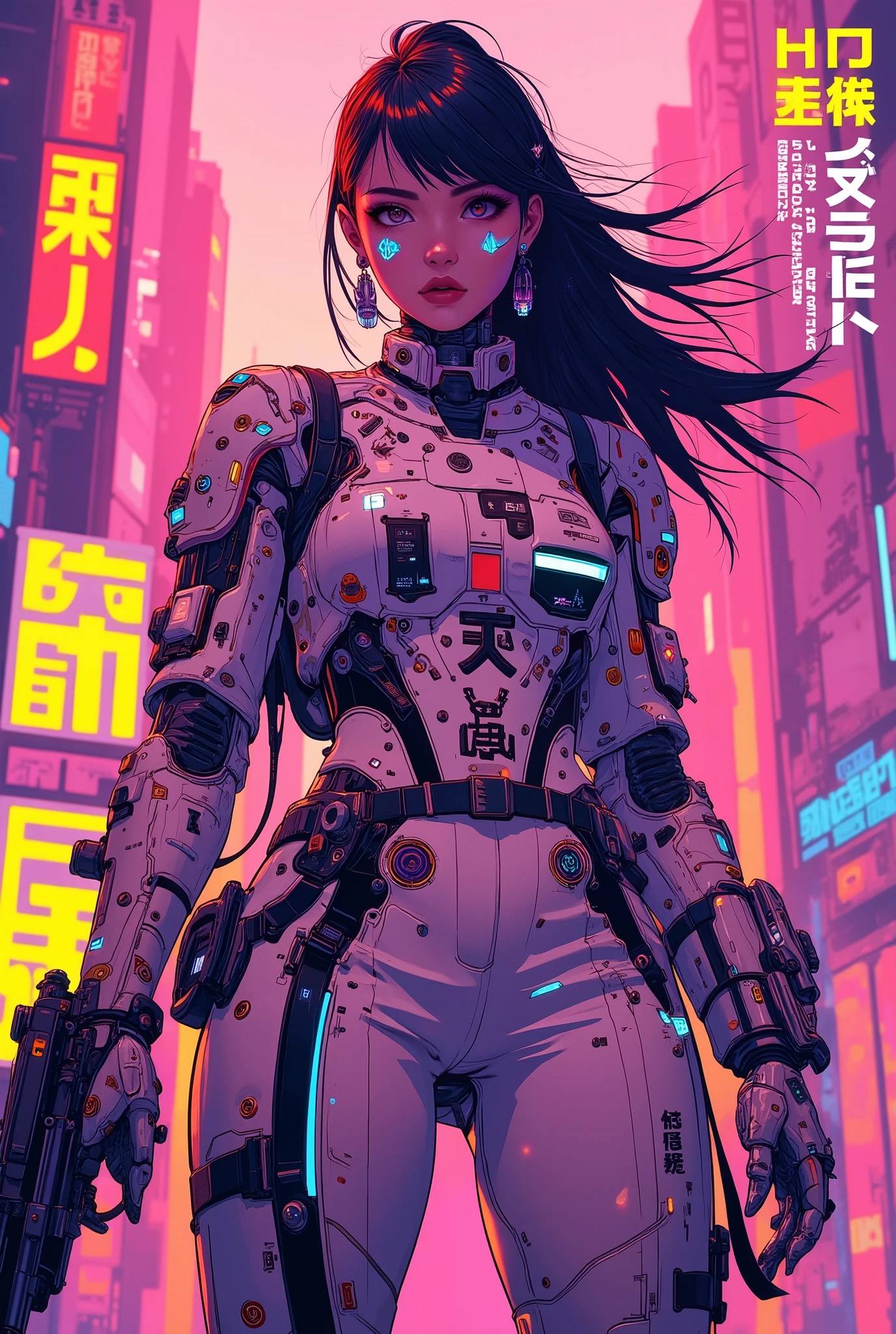 ((anime art style magazine cover illustration) of (perfect Asian cyberpunk girl holding a rifle))), (((wearing incredibly detailed Harajuku clothing))), ((LED lights)), (((dynamic pose))), warm colours, perfect features, abstract beauty, near perfection, pure form, concept art, intricate detail, 8k post-production, High resolution, super Detail, trending on ArtStation, sharp focus, studio photos.