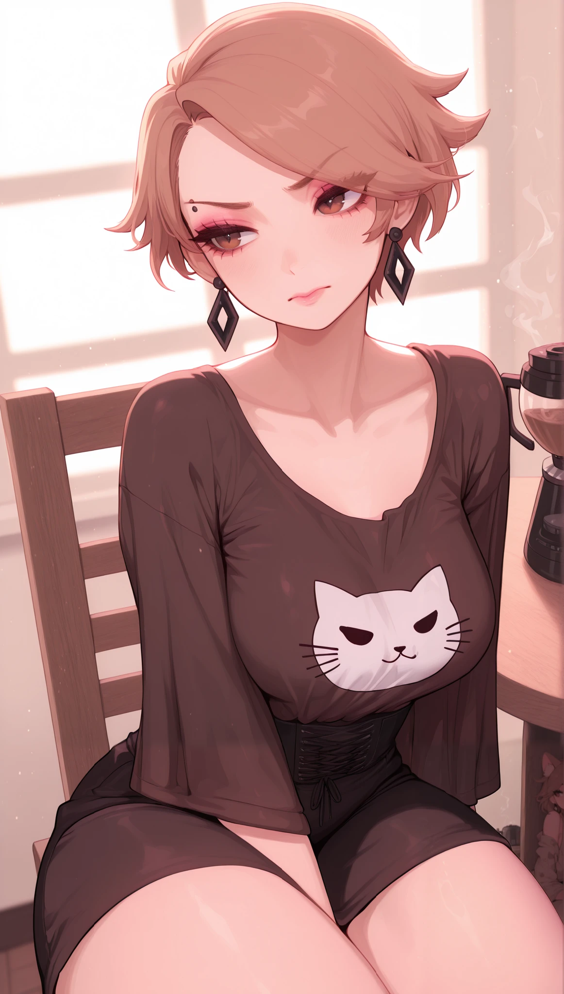 (masterpiece), (portrait), medium breasts (aesthetics), ((1 female 21 years old)), Highlight earrings), ((very short hair, piercing in the ear, punk girl style )), ((Hot beige hair)), straight hair, thin eyes open, brown eyes, cute, female, woman, looking far away, making a cute angry pout, beautiful, female features, top, high quality, aesthetic clothing, professional angle, (rule of thirds), (feminine), (feminine), (feminine), (beautiful) , (female ) features), solo, (Korean attractive), summer, (ink haze), (afternoon), (vibrant light), seductive posture, ((face looking forward))), loose shirt, dropped shoulders, short and wide sleeves, cat print ((Energy)), (no makeup), (medium Breasts), Fair Skin, (Clothes with Hip Hop Details, horny and slutty voluptuous woman), (a girl, hot fit, voluptuous mature body, super curvy body), (Sleep Neckline), Beautiful Hands, Body beautiful, beautiful ears, beautiful eyes, bright eyes, beautiful mouth, beautiful lips, needy expression, beautiful coffee maker, sitting, table and chair, windowpane, hot and thick thighs