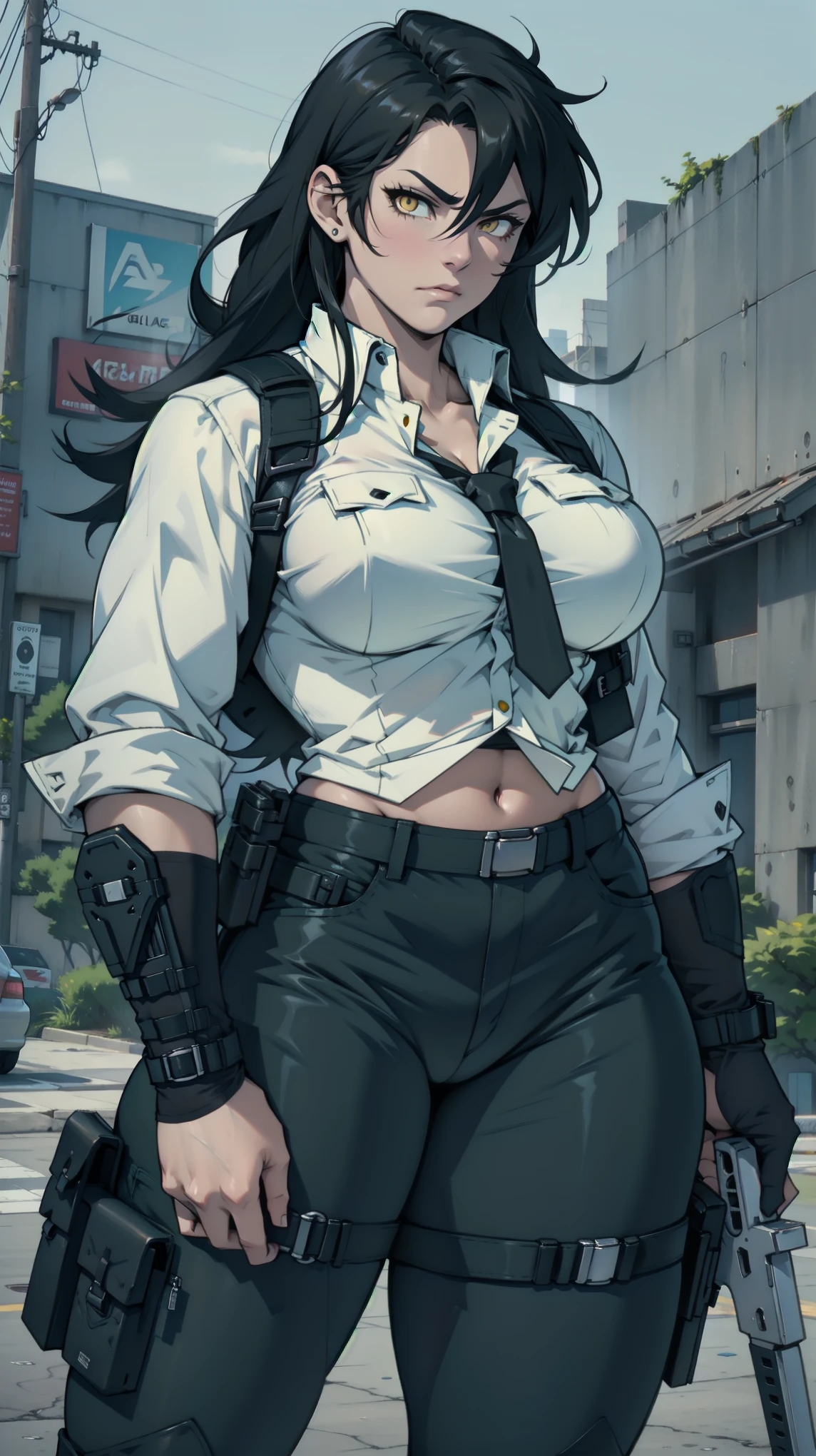 (1girl), black hair, extremely long hair, yellow eyes, ((((muscular)))), (huge breasts), (thick thighs), solo, angry, (pale skin), cowboy shot, (police uniform), from side