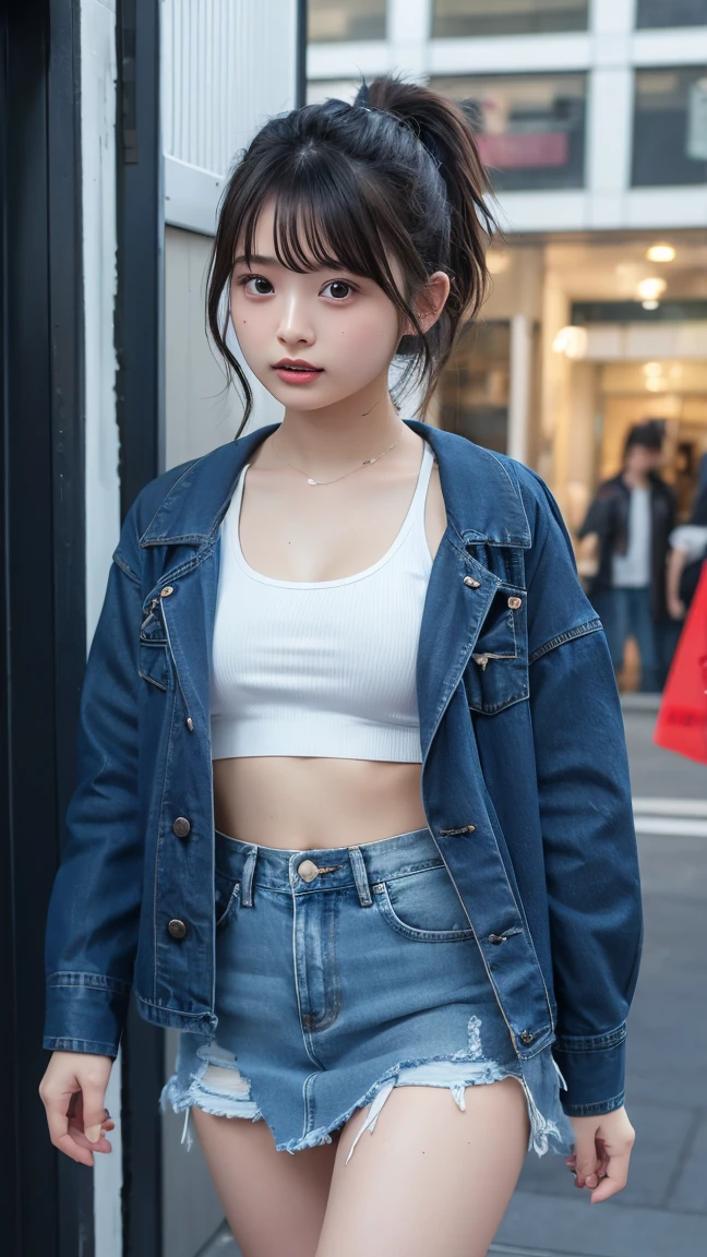 28-year-old girl, cute type, medium long hair, oblique bangs, slightly chubby round face, beautiful black big eyes, high nose, thick nose, thick nose, cherry cute small mouth, slightly chubby body, medium breasts, denim small jacket, black short skirt, black high heels, beautiful scenery