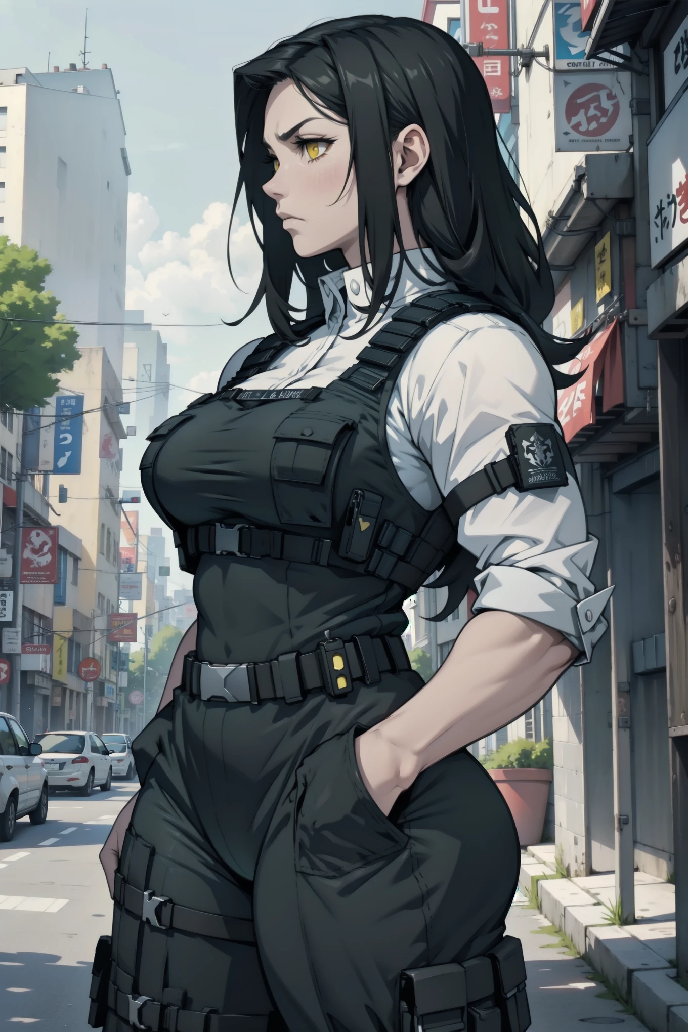 (1girl), black hair, extremely long hair, yellow eyes, ((((muscular)))), (huge breasts), (thick thighs), solo, angry, (pale skin), cowboy shot, (police)