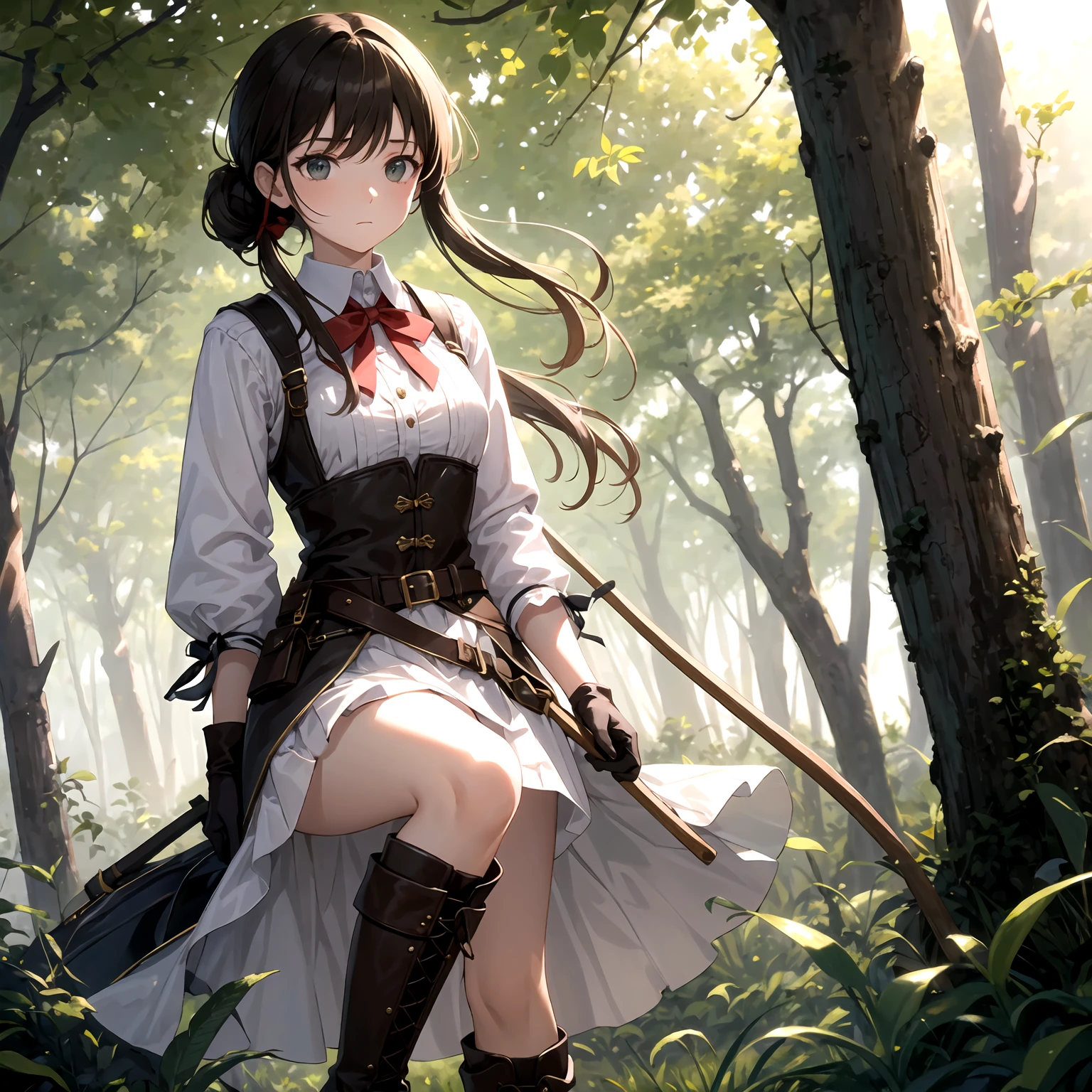 A huntress with light brown hair tied back in a practical yet slightly loose style, framing her determined expression. She wears an olive-green asymmetrical medieval-style skirt, the edges slightly frayed from her journeys, paired with rugged brown knee-high boots, their leather textured with scratches and wear. Her white blouse, simple yet elegant, features subtle embroidery near the collar and sleeves, complementing her short olive-green shawl adorned with intricate patterns woven into the fabric. She dons brown gloves with reinforced stitching, designed for durability in the wild. In her hands, she holds a finely crafted bow, its wooden body polished yet showing signs of frequent use, while a quiver of arrows hangs at her side. The scene captures her poised and ready for battle, set against a lush forest backdrop bathed in soft, dappled sunlight, emphasizing her connection to nature. Ensure detailed textures in the clothing, boots, and bow to create a high-definition and immersive image. full shoot




