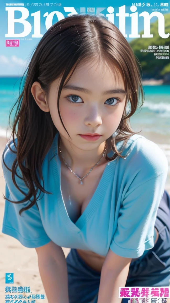( 3 girls), Masterpiece, Highest quality, 8ก, beautiful girlYoung faceวัยใส、Young face 、beautiful girl, young face、Young face 、smile、Cute face,blue eyes (((9 years old))) braided hair,Flower Hair Ornaments、 diamond necklace、Wearing a denim skirt, a random colored T-shirt, and extra-long twin tail hairs.、 photography, Look into the camera、small waist, thigh,Sitting on a rock in the stream,Push your chest up.、(((The chest is erect...)))(((round chest)))(((big breasts:1.0)))