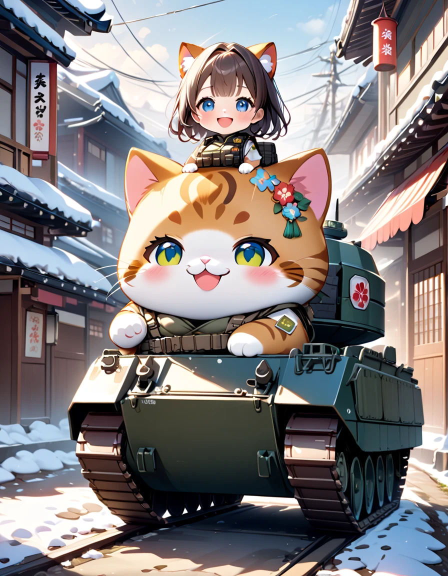 An anime catgirl in a bikini gleefully rides on the turret of a huge armored tank that matches the color scheme of her bikini, streets of tokyo