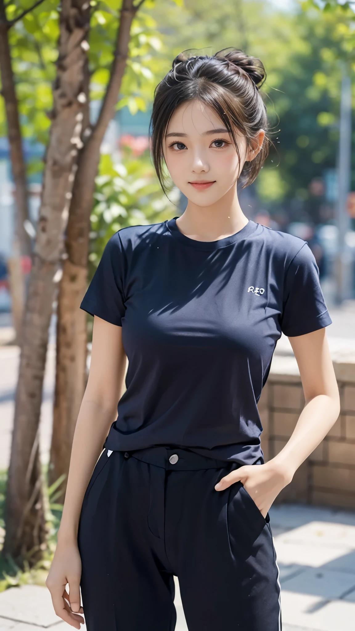 ( best quality :1.5), ( Genuine:1.4), ( Ultra Fine:1.4), ( Uncensored:1.4), (1mom), (16-year-old beautiful girl), (Alone), (Round baby face ), ( Crunchy), ( skinny body), (Beautiful breasts, Breast bag), ( plain t-shirt ), ( Open front pants ), (Twin Bang ), (Average height), ( STRAIGHT BANG ), ( mischievous smile), ( standing), ( skinny 美少女 with Twin Bang is standing), ( cowboy shooting), ( skinny), (Nice background), (Front of face), (body front view ), ( facing the front ), ( slender body line ), ( skinny body), ( skinny arms), ( skinny legs), ( I'm wearing a nice t-shirt and pants ), (Lots of bun hair )