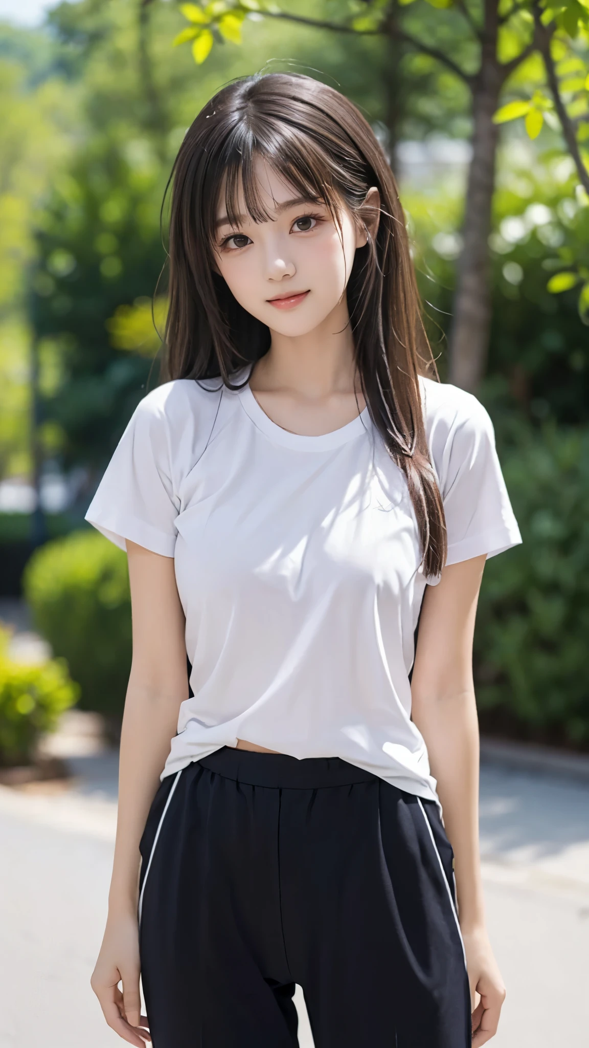 ( best quality :1.5), ( Genuine:1.4), ( Ultra Fine:1.4), ( Uncensored:1.4), (1mom), (16-year-old beautiful girl), (Alone), (Round baby face ), ( Crunchy), ( skinny body), (Beautiful breasts, Breast bag), ( plain t-shirt ), ( Open front pants ), (Twin Bang ), (Average height), ( STRAIGHT BANG ), ( mischievous smile), ( standing), ( skinny 美少女 with Twin Bang is standing), ( cowboy shooting), ( skinny), (Nice background), (Front of face), (body front view ), ( facing the front ), ( slender body line ), ( skinny body), ( skinny arms), ( skinny legs), ( I'm wearing a nice t-shirt and pants ), (Lots of bun hair )