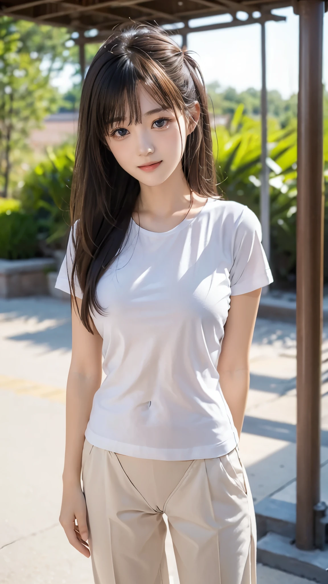 (8K、top-quality、masterpiece、超A high resolution、High Definition Face:1.3)、portlate、(20 years girl:1.3)、bokeh dof、frontage、 Genius genius smile、Ultra-detail、ultra res、(realisitic、rialistic photo:1.37)、high-definition RAW color photography、Professional Photography、highly detailed and beautiful、ighly detailed、8K Picture Wallpaper、amazing detailed、huge filesize、Official art、Highly detailed CG Unity 8K wallpapers、highly detailed beautiful girl、extra detailed face、extremely detailed eye、highlydetailed skin、extremely detailed fingers、highly detailed nose、very detailed detailed mouth、Perfect Anatomy、Highly detailed clothing、1 girl、(18:1.2)、、Cute s、famous Japan idol、cute little、Realistic body、Petite、white-skinned、glistning skin、Slim body、Handsome bbrown haired、(Blunt bangs:1.2)、Classic wavy long hair、 (nffsw:1.3),A smile、kawaii、zora々Right、kawaii faces、Lifelike face、Delicat eyes、Sauce order、White T-shirt、skirt by the、Looking at the camera、cowboy shot、along the river、front facing、Contrapo、public、Valley