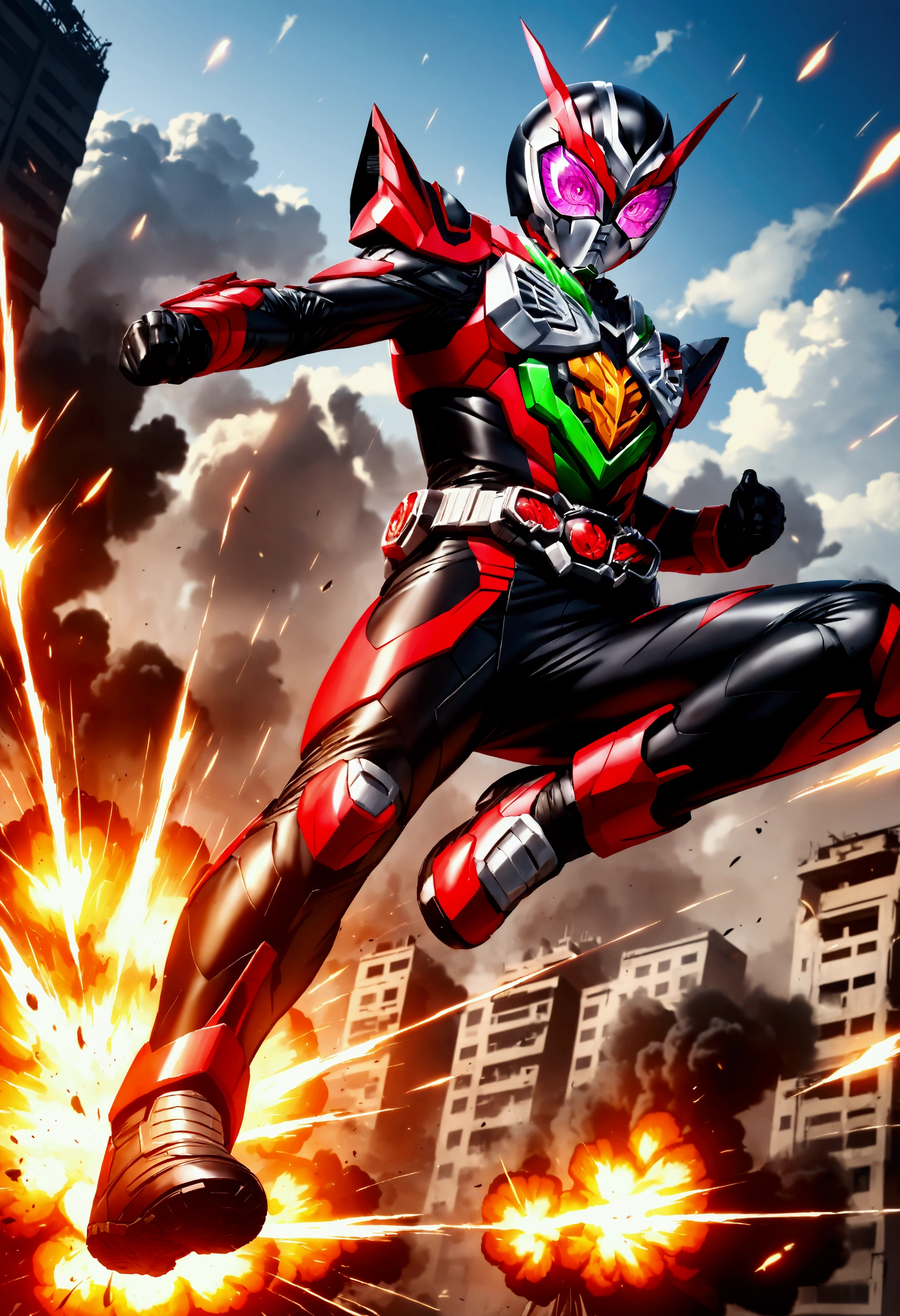 (masterpiece),(absurdres),(ultra detailed),(beautiful detailed),alone,(iris eyes:1.2),(flat chest), Kamen Rider 、masked rider,tokusatsu, SFX Heroes、Rider Kick, explosion 、