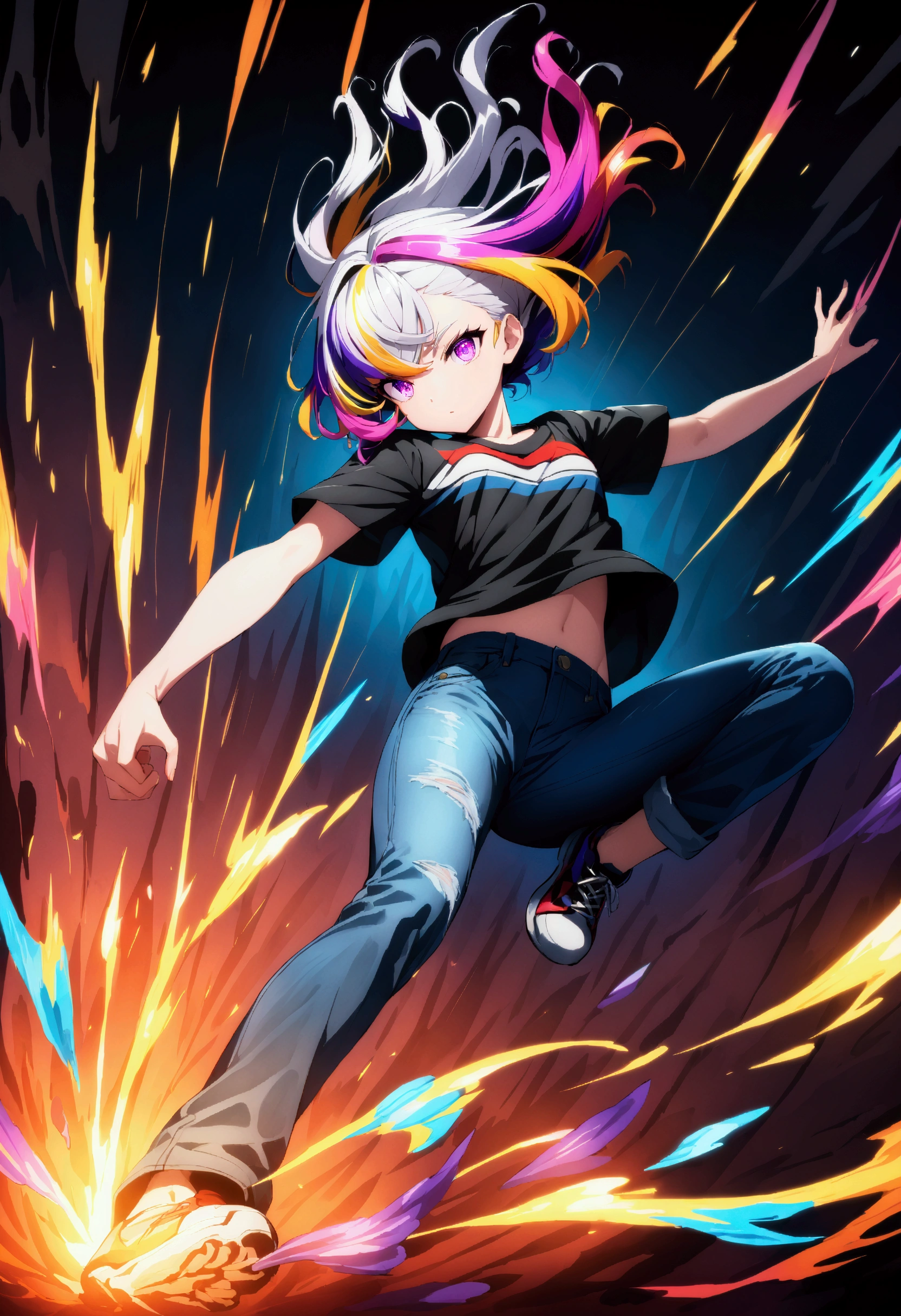 (masterpiece),(absurdres),(ultra detailed),(beautiful detailed),ライダーキック,alone,(white hair:1.1),(colorful hair:1.3),(shortcut hair:1.1),(iris eyes:1.2),(flat chest),Tshirts:1.1,jeans pants,action scene,