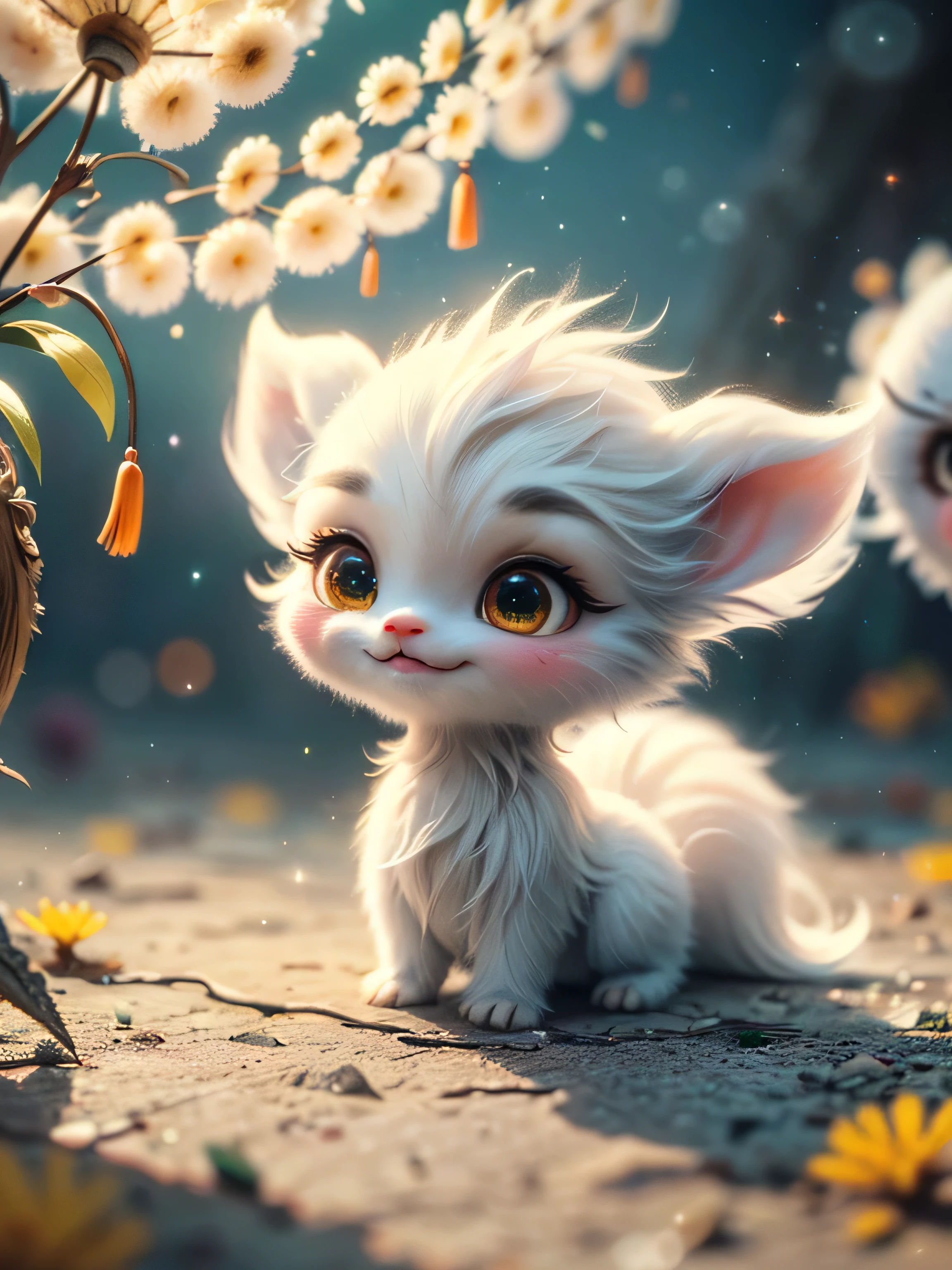 (Best Quality, Super Detail, Masterpiece, Representative Work, Official Art, Professional, Super Detail, 8k:1.3) (Photorealistic:1.2) Mystical plain in white dandelions. Very cute mythical graceful transparent anthropomorphic furry creature holds a lamp. thin arms, fragile thread legs. Natural Lighting, Soft Background, Photorealistic, Shining Eyes, Sharp Focus, Cute and Mischievous Look, Hint of Mischief, Dreamy Atmosphere, Delicate Details, Soft Volumetric Light, (Backlight:1.3), (Cinematic:1.2), Intricate Details, (ArtStation:1.3)