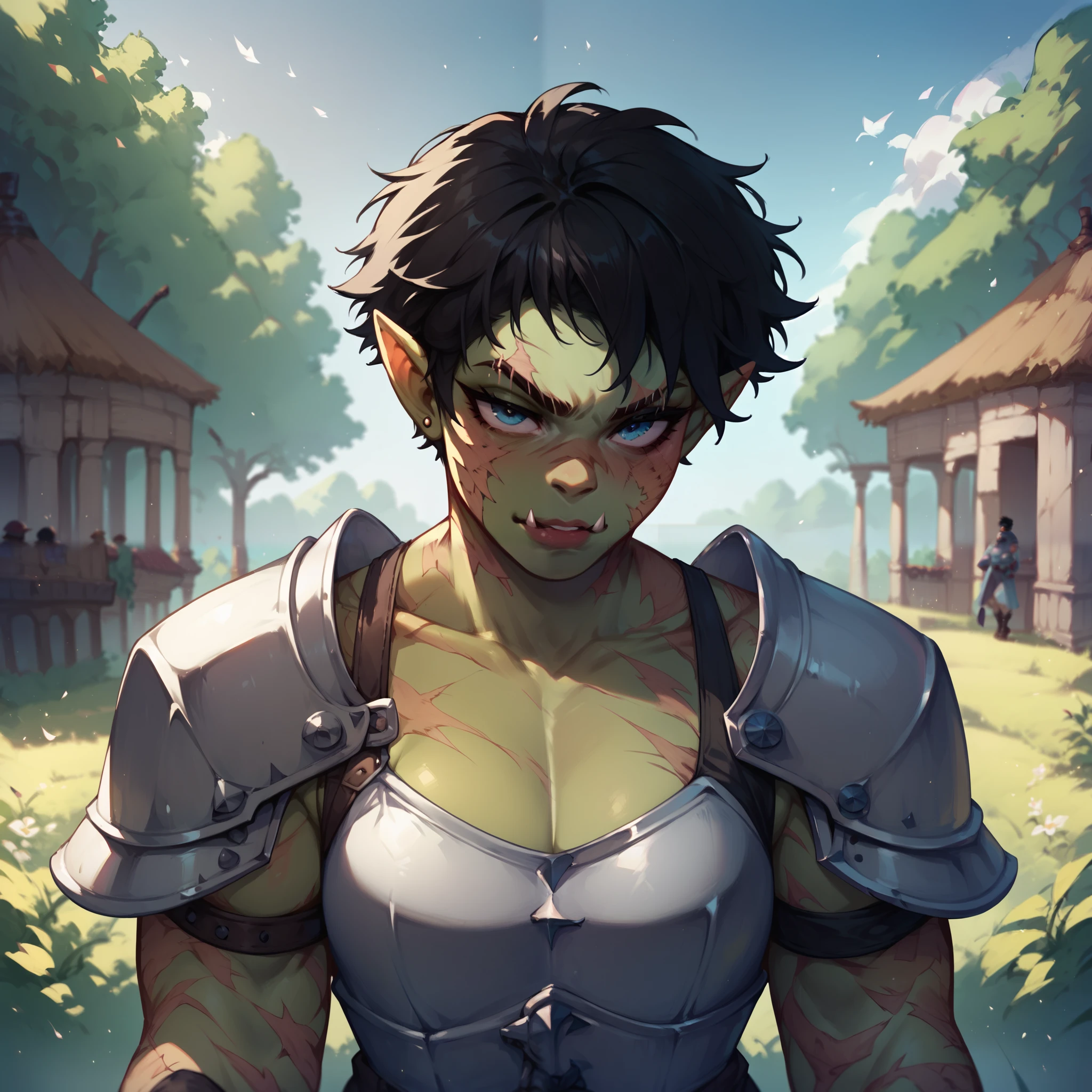 a tomboy orc. she has green skin and blue eyes with black hair. she is wearing armor and has scars all over her. she has no love in her eyes as they bags under them. she stands in a medieval battlefield. POV.