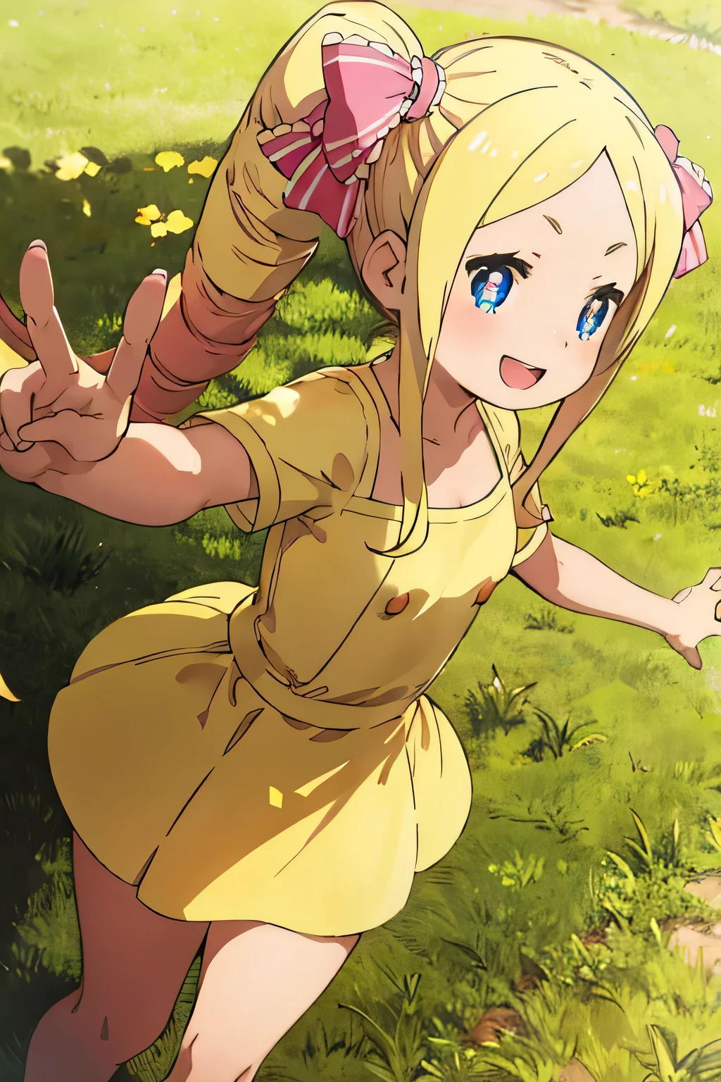 nude, li, , outside, open mouth, happy, smiling, sunny, happy, bright sunlight, grass, hair ornament, blonde hair, from below, side ponytail, masterpiece, best quality