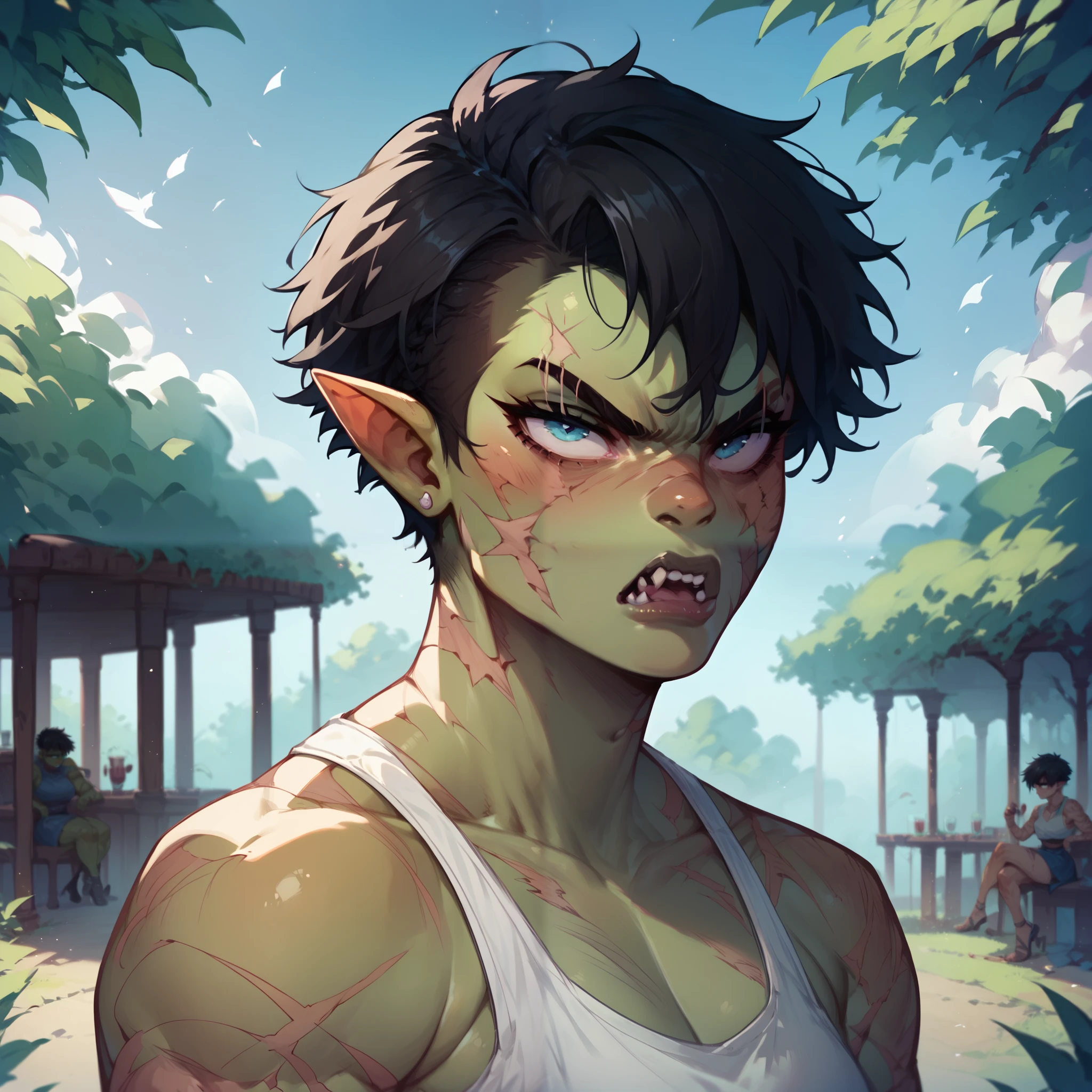 a tomboy orc. she has green skin and blue eyes with black hair. she is wearing armor and has scars all over her. she has no love in her eyes as they bags under them. she looks angry as she is about to punch you.