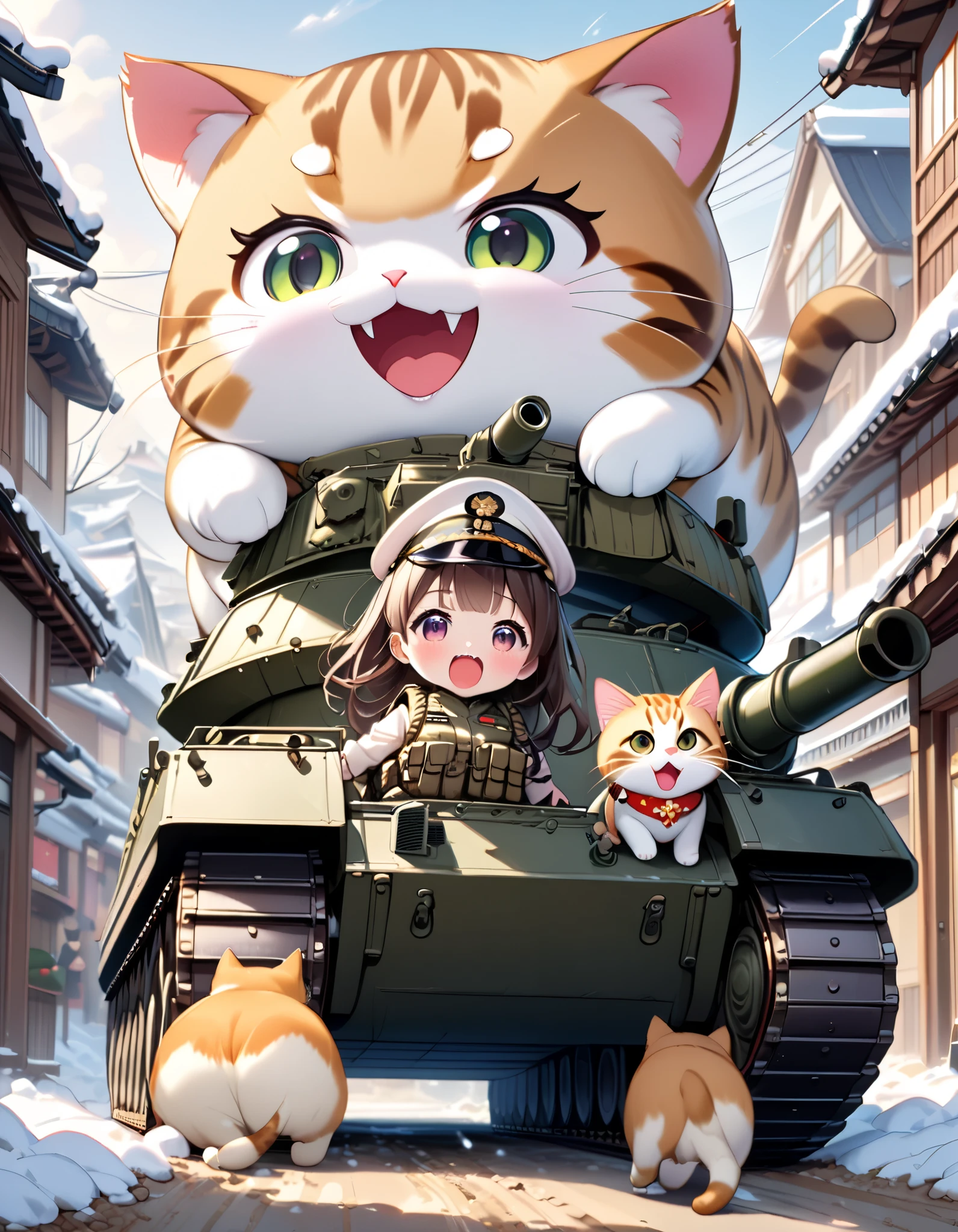 (masterpiece), (ultra-detailed:1.3), best quality, clear focus, dramatic scene, cinematic, shadow, (ultra-high resolution:1.3), (8k:1.3), perfect anatomy, perfect face, (detailed face), (detailed eye:1.2), (chibi:1.2), cute Japanese chibi girl, famous Japanese chibi idol, very beautiful and cute and cool face, (wearing a gorgeously decorated very cute military uniform with frills:1.2), (tactical vest with military harness:1.3), (large breasts), military boots, (She is driving a traditional Japanese decorated cute military armored double decker tank with a giant fat cat:1.3), snow-covered dirt road in the abandoned town, there are stores at the street are gorgeously decorated with new year holidays, (detailed cute thick four-footed giant cat is extremely surprised courageously and screaming:1.3),