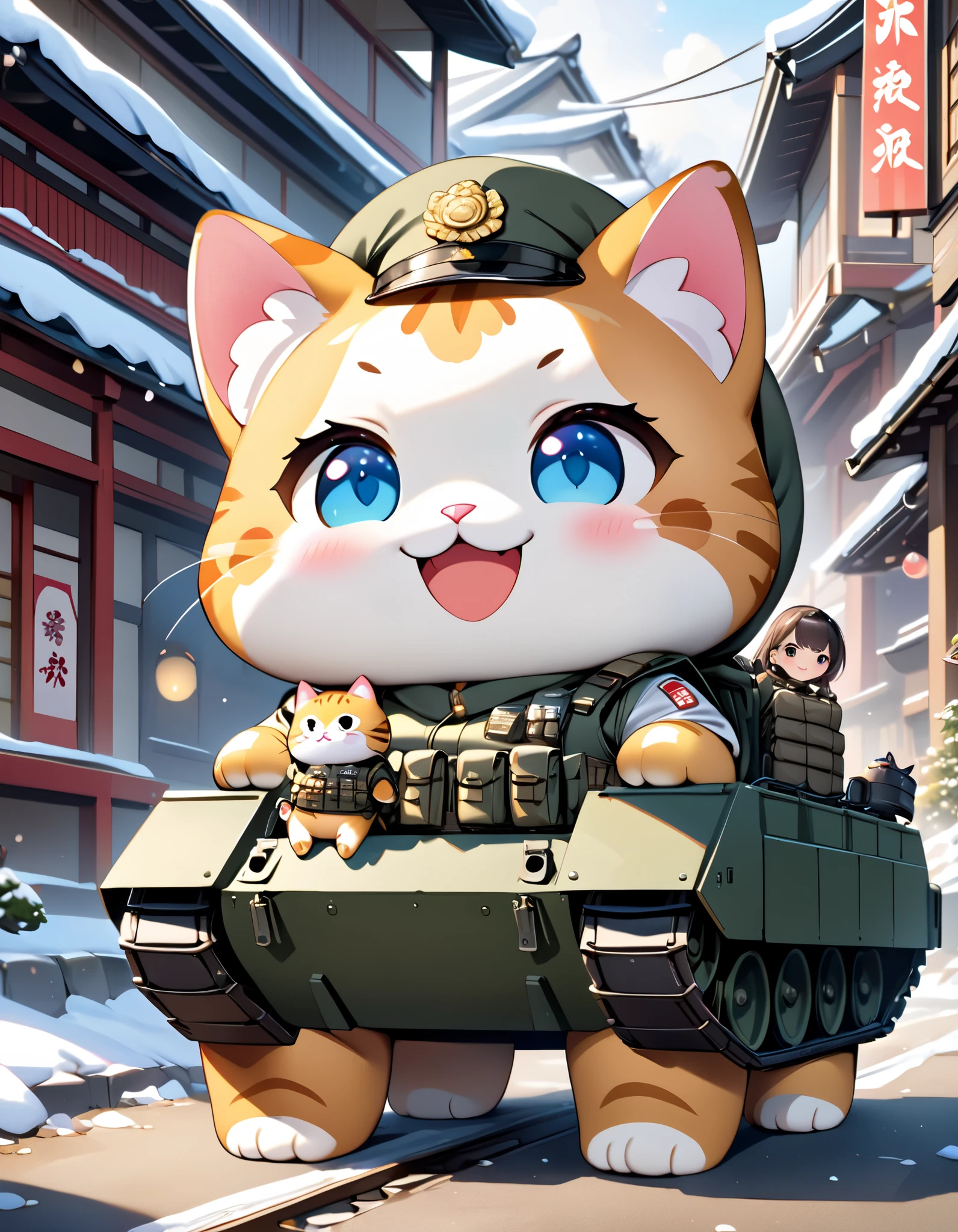 (masterpiece), (ultra-detailed:1.3), best quality, clear focus, dramatic scene, cinematic, shadow, (ultra-high resolution:1.3), (8k:1.3), perfect anatomy, perfect face, (detailed face), (detailed eye:1.2), (chibi:1.2), cute Japanese chibi girl, famous Japanese chibi idol, very beautiful and cute and cool face, (wearing a gorgeously decorated very cute military uniform with frills:1.2), (tactical vest with military harness:1.3), (large breasts), military boots, (She is in a traditional Japanese decorated cute military armored double decker tank equipped with a four-footed giant fat cat:1.3), the cat is walking on the tank with four-foot, snow-covered dirt road in the abandoned town, there are stores at the street are gorgeously decorated with new year holidays, (detailed cute thick four-footed giant cat is extremely happy and showing big smile:1.3),