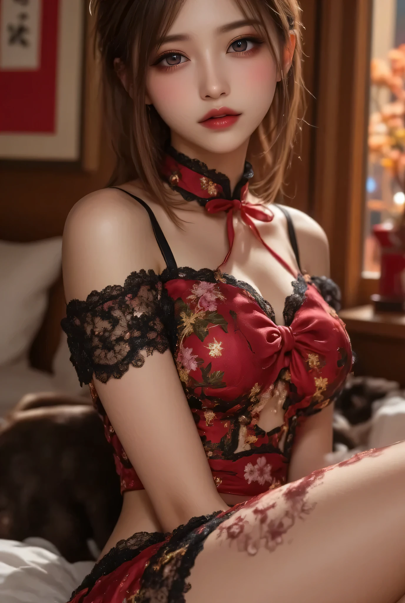 girl lying on bed,Wet,charming eyes,Heartwarming action,Turn your face away from the camera,bent down,bend over,turn back,Look up at your head,thick long hair,highly detailed body,highly detailed face,highest quality,(off shoulder white blouse),(Loose red bow tie)、(pink good)、((Holding a wine glass in your hand)),(I can see pink panties)