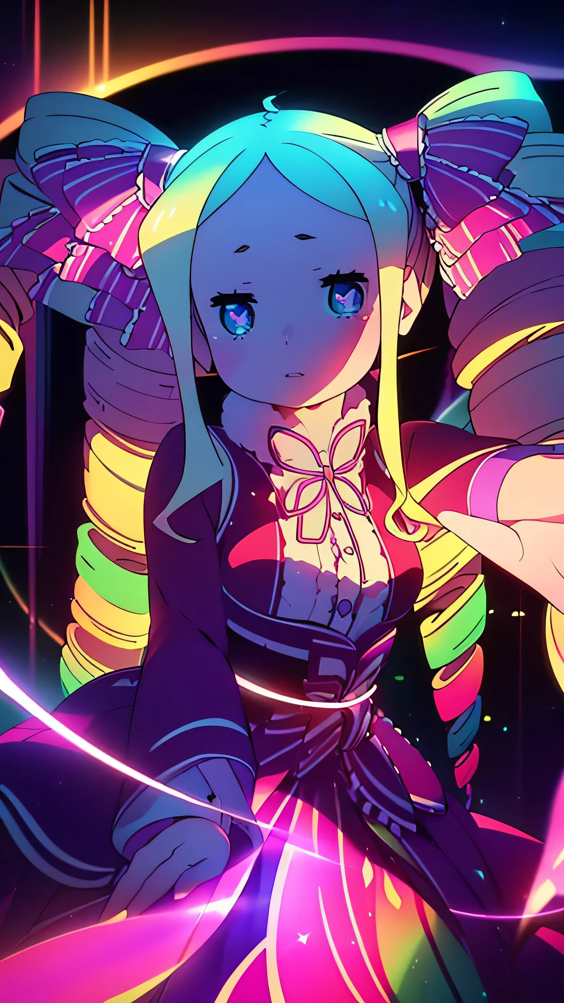 (best quality,4k,8k,highres,HDR:1.2), beatrice, ,ultra-detailed,psychedelic,light effects,uv,uv active,colourful,Goa party,women,lsd