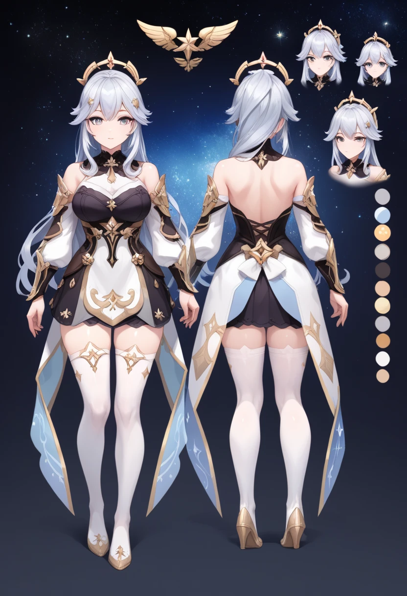 character reference sheet, 1 woman, 20 years old, ((granblue fantasy character)), ((blade and soul game character)), wearing blade and soul and granado espada hybrid costume, complete full body, character design sheet, ((1 front perspective view, 1 front view and 1 back view only)) yellow and white themed costume design, symmetrical elements in costume, costume simulation detection like in CLO, marvelous designer, 8k resolution, ultra high definition image output