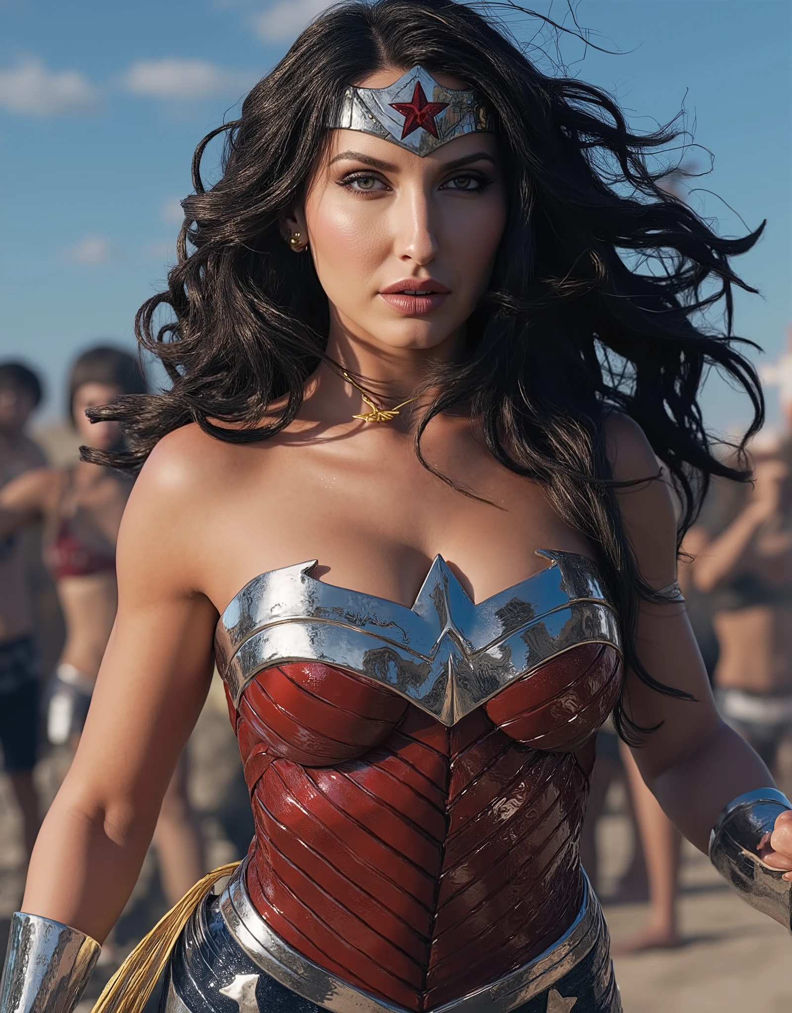 wonder woman, (pretty face:1.2), (finely detailed face and beautiful eyes), mature female, muscle, bare hands, (armlet, armored dress, bracer, head ring ), (black eyes, black long hair, messy hair, floating hair), (long proportional legs), (best quality:1.1),(clear background:1.2), dark_fantasy, wind, 35mm lens, f/1.4, 8K, ((masterpiece)), trending on Artstation, DeviantArt, Mucha, Rutkowski, artgerm
