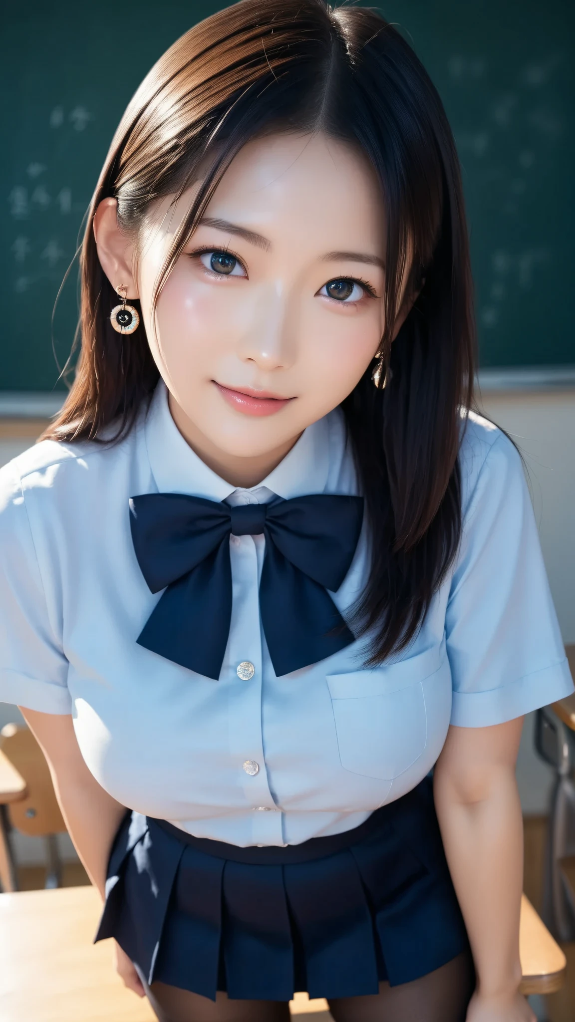 score_9, score_8_up, score_7_up, source_real, high resolution picture, super detailed, BREAK A breathtakingly beautiful Japanese woman with long, silky black hair, wearing a modern school uniform with a fitted blazer, short skirt, and tights. She has a radiant smile, masterpiece, best quality, vibrant, very aesthetic, high contrast, photoresistic, newest,  shiny skin, , 1woman, cowboy shot, detailed face, detailed eyes, forehead, sliced back hair, classroom, 
