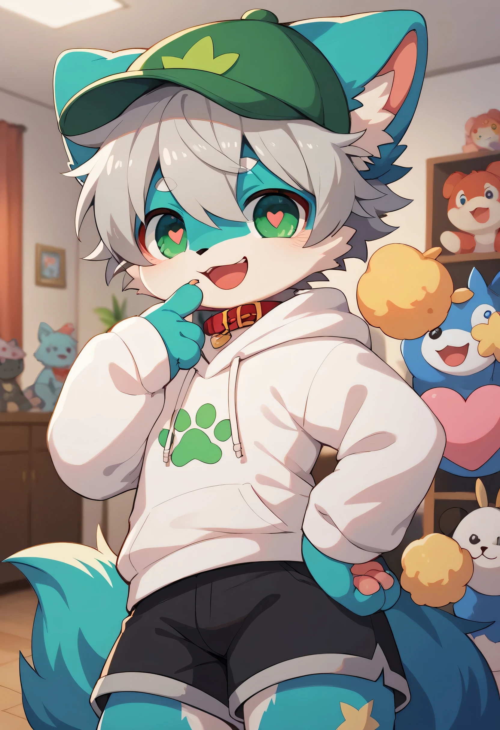 very detailed on trendsな, very detailed on trends, Blue Fur Gray Hair ,,male,骨を見てExcited,Heart Eyes,participate, red collar, green white and colored hat, cute face, fluffy fur like one,Excited,Horny boy,Beautiful room, 's room ,Smiling face,Dropped ears, let's play with toys! my mental age is ,Want,black shorts sweatshirt, Long Sleeve,Trendy,