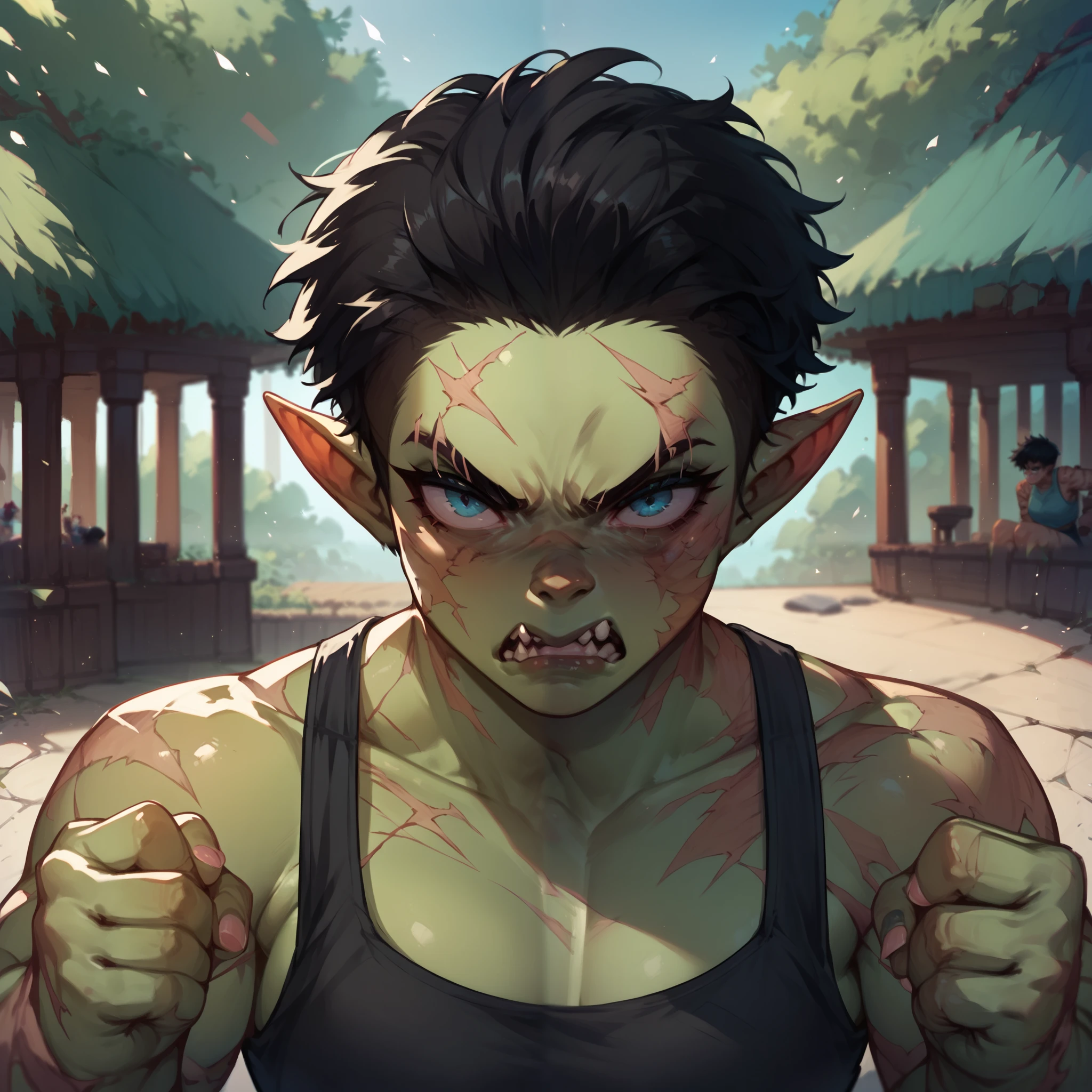 a tomboy orc. she has green skin and blue eyes with black hair. she is wearing armor and has scars all over her. she has no love in her eyes as they bags under them. she looks angry. She has a fist coming towards you. POV.