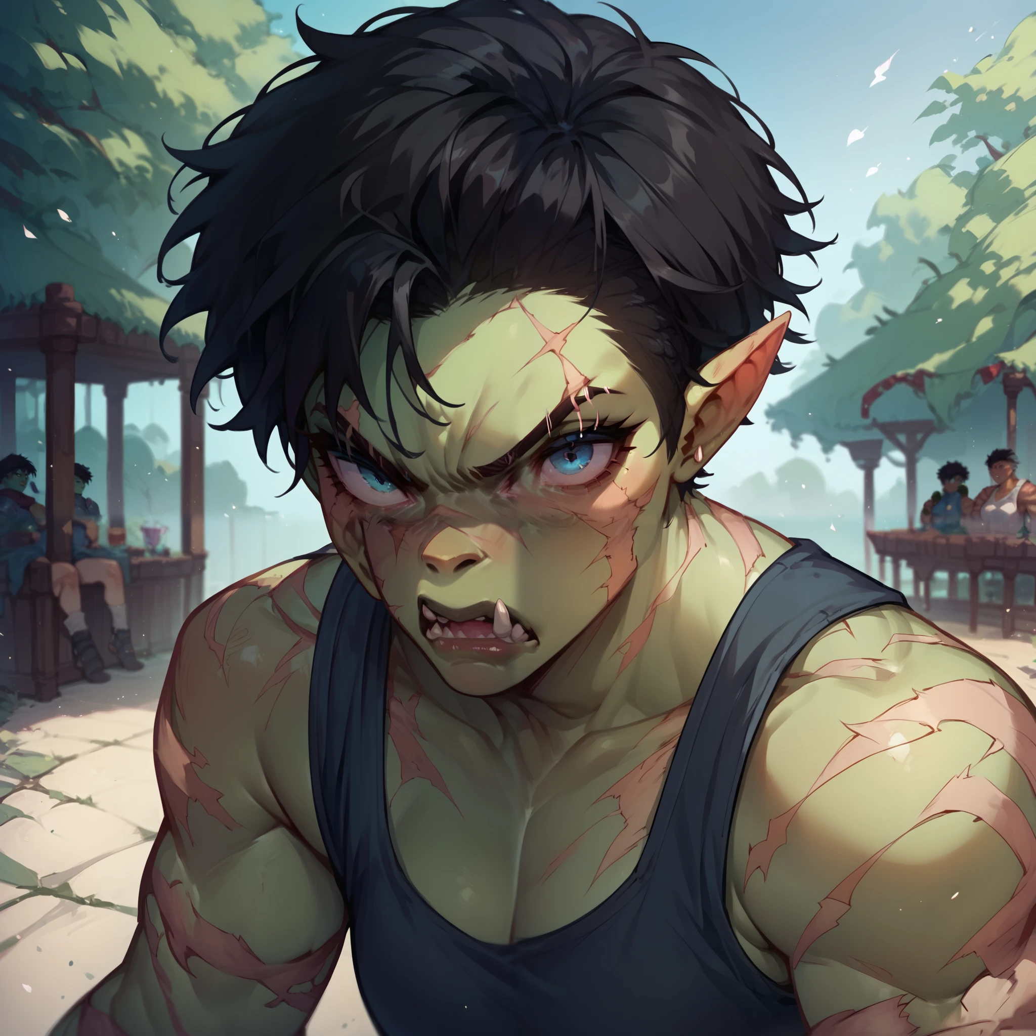 a tomboy orc. she has green skin and blue eyes with black hair. she is wearing armor and has scars all over her. she has no love in her eyes as they bags under them. she looks angry. she is throwing a punch at you. POV.