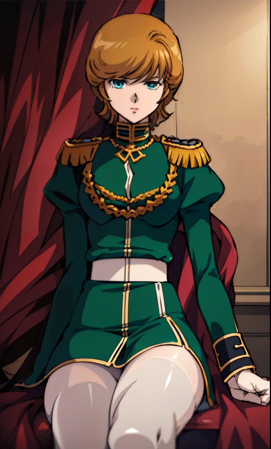 (nsfw:1.1),(masterpiece:1),(best quality:1.4),(high detailed:1),(high resolution:1),(highly_detailed_beautiful_face_and_eyes:1),(depth of field:1.1), (realistic), (photo realistic:1.37),anime style,orthogonal view,
Audrey Burne\(GUNDAM\),1girl,flat (chest:0.8),skinny,
(see-through Axis luxury military uniform:1.5),(big wide high back luxury chair),(sit on one side),(correct posture),open legs,(female masturbation),luxury room,audience room,wall fancy flag,