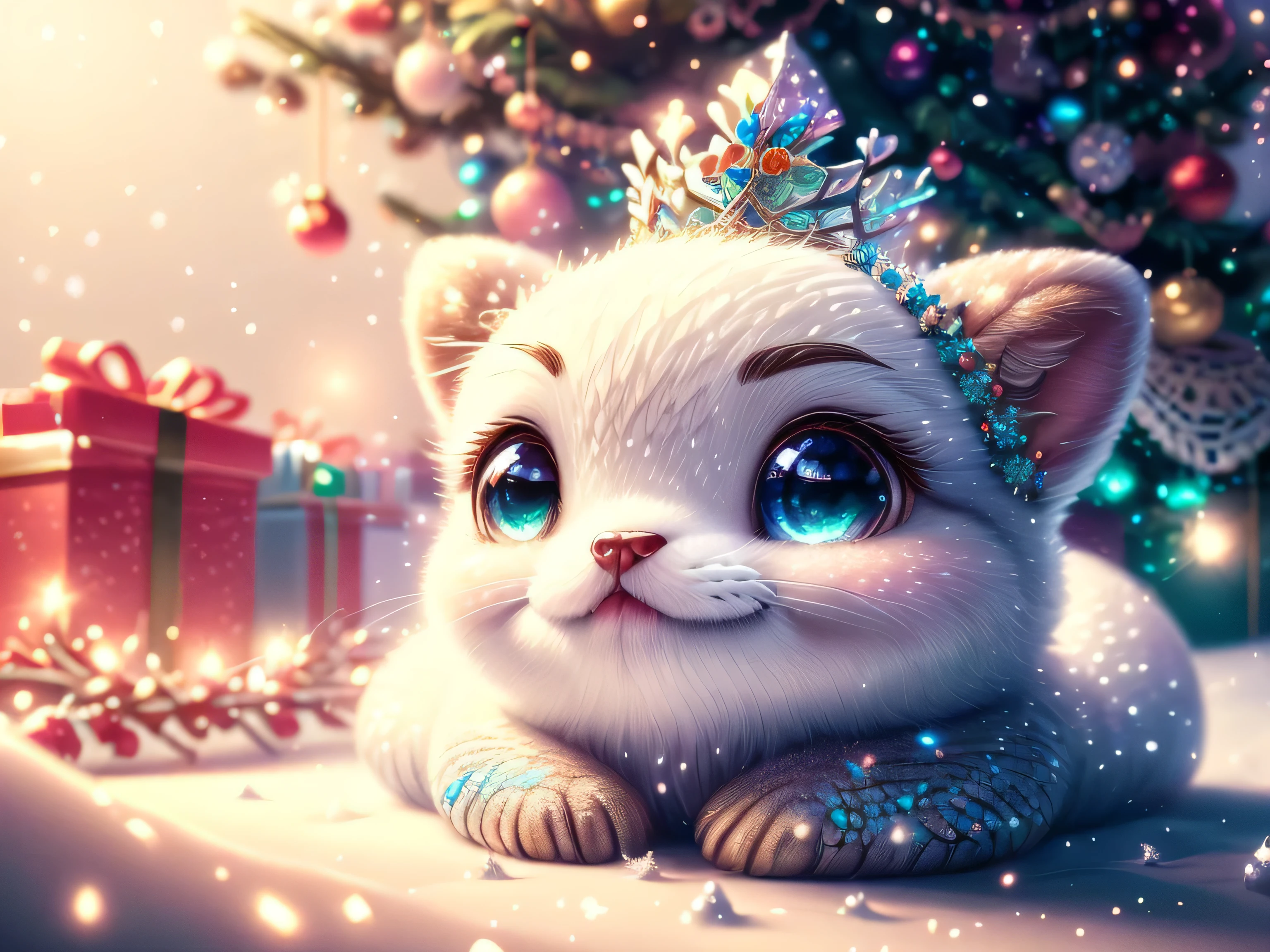 (Best Quality, Super Detail, Masterpiece, Representative Work, Official Art, Professional, Super Detail, 8k:1.3) (Photorealistic:1.2), Veru cute, incredibly cute snake queen made of pale white-gray-black shiny mica with round eyes, long eyelashes and a crown, on her head a crown of blue and white crystals, silver glitter, a snow garland of snowflakes, near a smart Christmas tree, winter, snow, snowflakes, smoky, airy, velvety pastel, highly detailed computer graphics, Tim Burton style. rhinestones, diamonds, rubies, sapphires, alexandrites, sparkling snow, snowfall, stars, frost, stardust, Natural Lighting, Soft Background, Photorealistic, Shining Eyes, Sharp Focus, Cute and Mischievous Look, Hint of Mischief, Dreamy Atmosphere, Delicate Details, Soft Volumetric Light, (Backlight:1.3), (Cinematic:1.2), Intricate Details, (ArtStation:1.3)