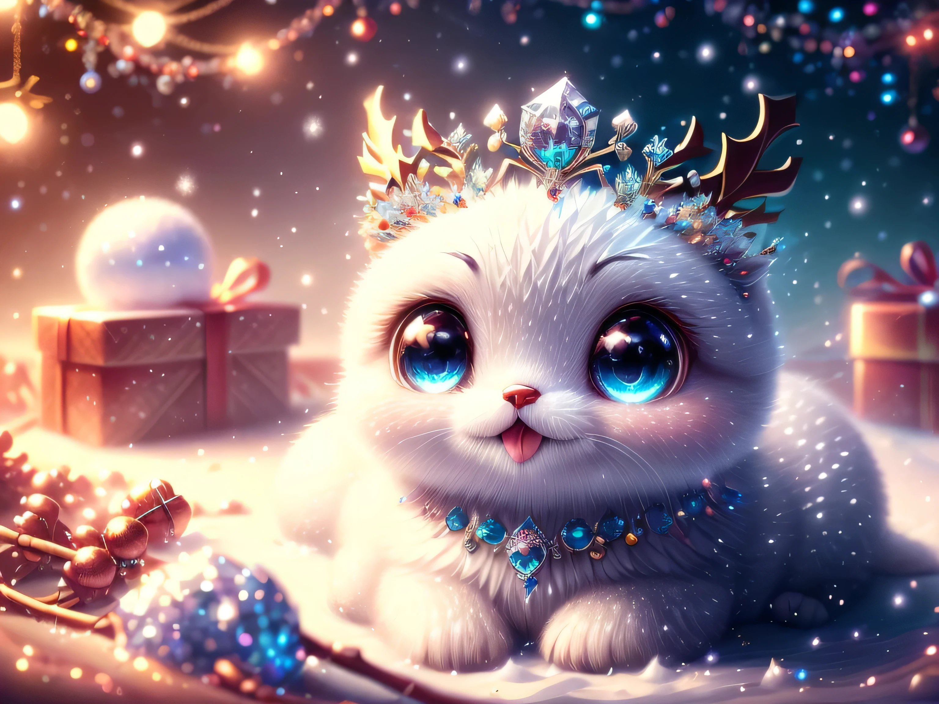 (Best Quality, Super Detail, Masterpiece, Representative Work, Official Art, Professional, Super Detail, 8k:1.3) (Photorealistic:1.2), Veru cute, incredibly cute cartoon snake queen made of pale white-gray-black shiny mica with big eyes, long eyelashes and a crown, on her head a crown of blue and white crystals, silver glitter, a snow garland of snowflakes, near a smart Christmas tree, winter, snow, snowflakes, smoky, airy, velvety pastel, highly detailed computer graphics, Tim Burton style. rhinestones, diamonds, rubies, sapphires, alexandrites, sparkling snow, snowfall, stars, frost, stardust, Natural Lighting, Soft Background, Photorealistic, Shining Eyes, Sharp Focus, Cute and Mischievous Look, Hint of Mischief, Dreamy Atmosphere, Delicate Details, Soft Volumetric Light, (Backlight:1.3), (Cinematic:1.2), Intricate Details, (ArtStation:1.3)