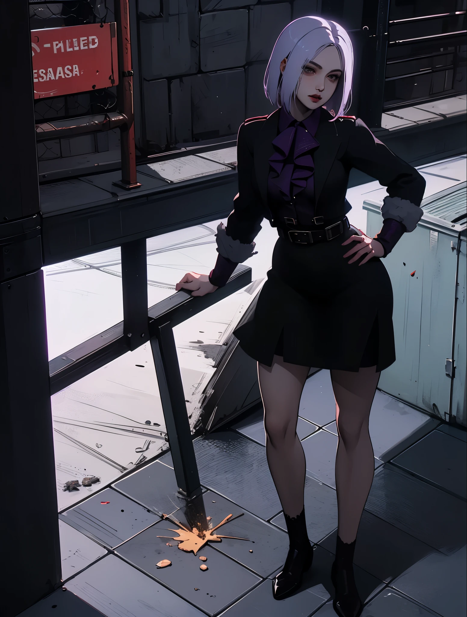 1 , yun jin lee personagem do jogo dead by daylight, Yun Jin Lee sobrevivente, Dead by Daylight ultra preciso detalhado, Vista traseira, perfil Brilho, Obra-prima, Melhor qualidade, cabelo lilaz, Photorealistic style, Instagram pic, ((Full body)), sexy uniform, realistic detailed, excited, depth of field, reflection light, social media composition, wide shot, from above, f/1.8, 85mm, Nikon, 16k, masterpiece, high details, high quality, highres, wallpaper, correção dos olhos, correção de postura, correção de pose , 24-year-old female, long legs,sexy ,exaggeratedly short dress ,long sleeves, ultra black dress ,semi-exposed thighs ,(hips:1,62)
