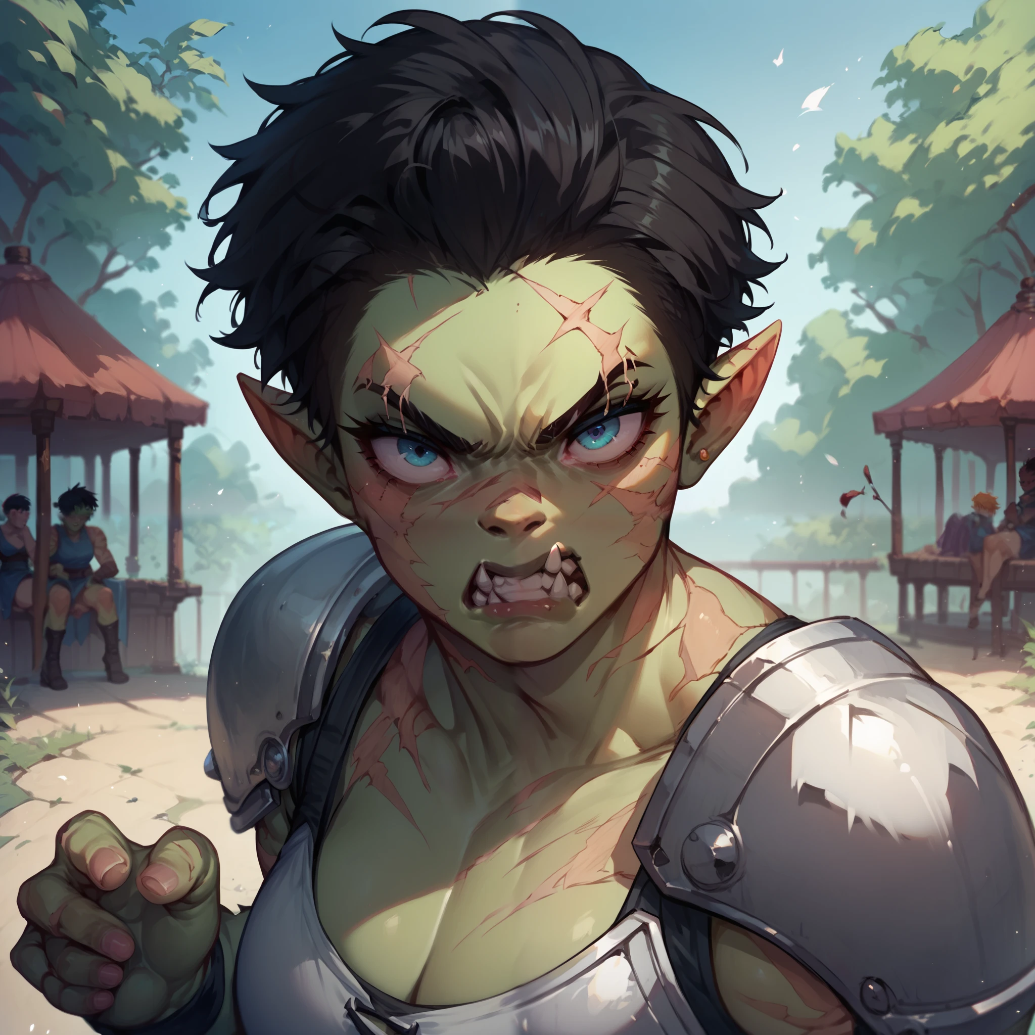 a tomboy orc. she has green skin and blue eyes with black hair. she is wearing armor and has scars all over her. she has no love in her eyes as they bags under them. she looks angry. she is throwing a punch at you. POV.