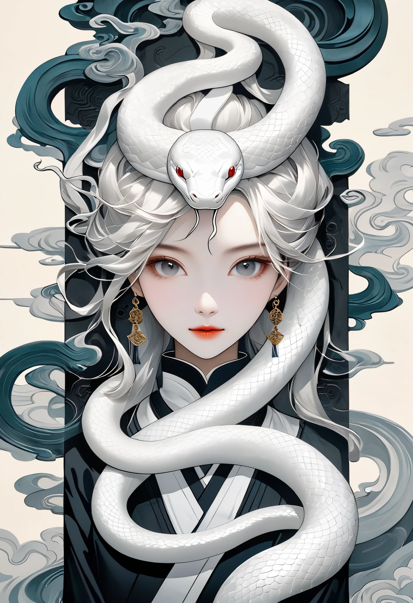 Digital art symbolizing the white snake, white snakes on both sides, Art design reminiscent of ancient Chinese hanging scrolls, A woman incarnated as a snake stands in the middle, (Woman close-up:0.8)