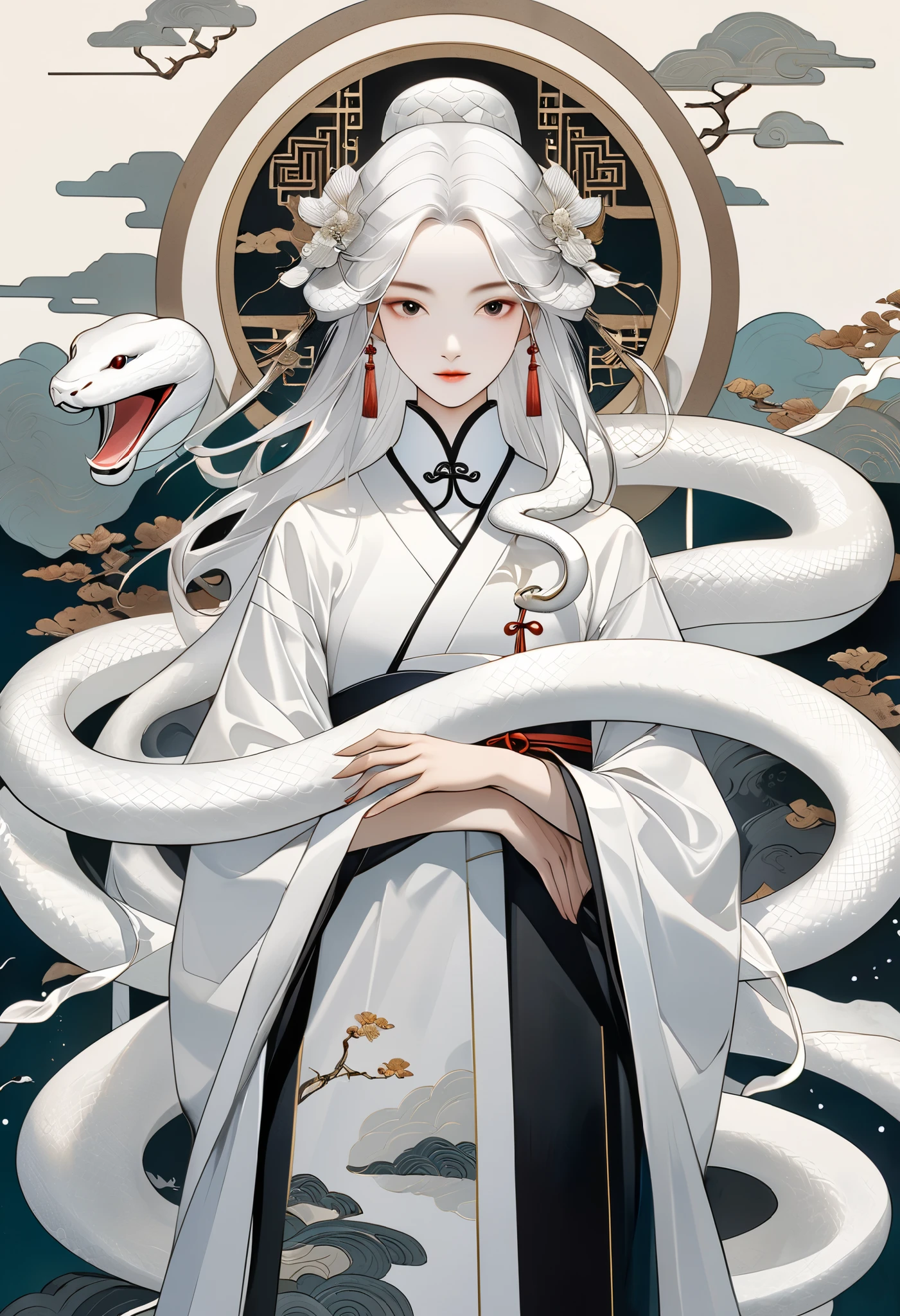 Digital art symbolizing the white snake, white snakes on both sides, Art design reminiscent of ancient Chinese hanging scrolls, A woman incarnated as a snake stands in the middle, (Woman close-up:0.8)