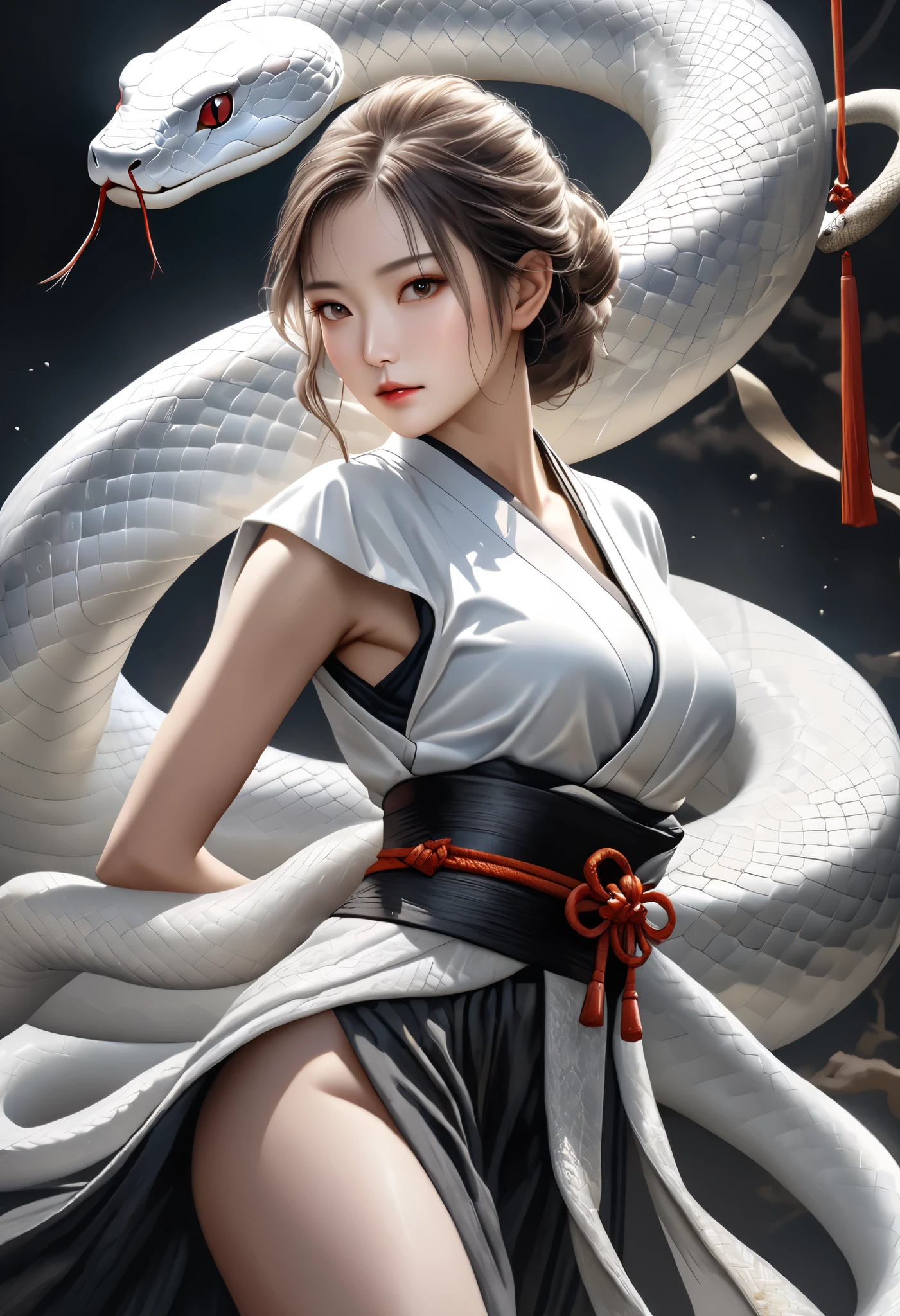 (masterpiece:1.3, highest quality, Ultra-high resolution, Very detailed), (Realistic:1.1, photo Realistic:1.4), Digital art symbolizing the white snake, white snakes on both sides, Art design reminiscent of ancient japanese hanging scrolls, A woman incarnated as a snake stands in the middle, posing ready for a fight, (Woman close-up:0.8), Big Breasts, big ass,