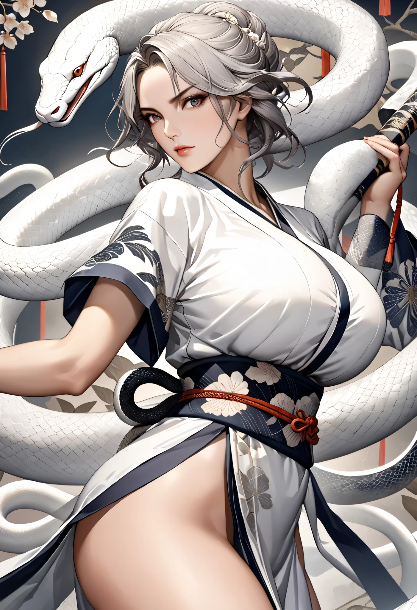 (masterpiece:1.3, highest quality, Ultra-high resolution, Very detailed), Digital art symbolizing the white snake, white snakes on both sides, Art design reminiscent of ancient japanese hanging scrolls, A woman incarnated as a snake stands in the middle, posing ready for a fight, (Woman close-up:0.8), Big Breasts, big ass,