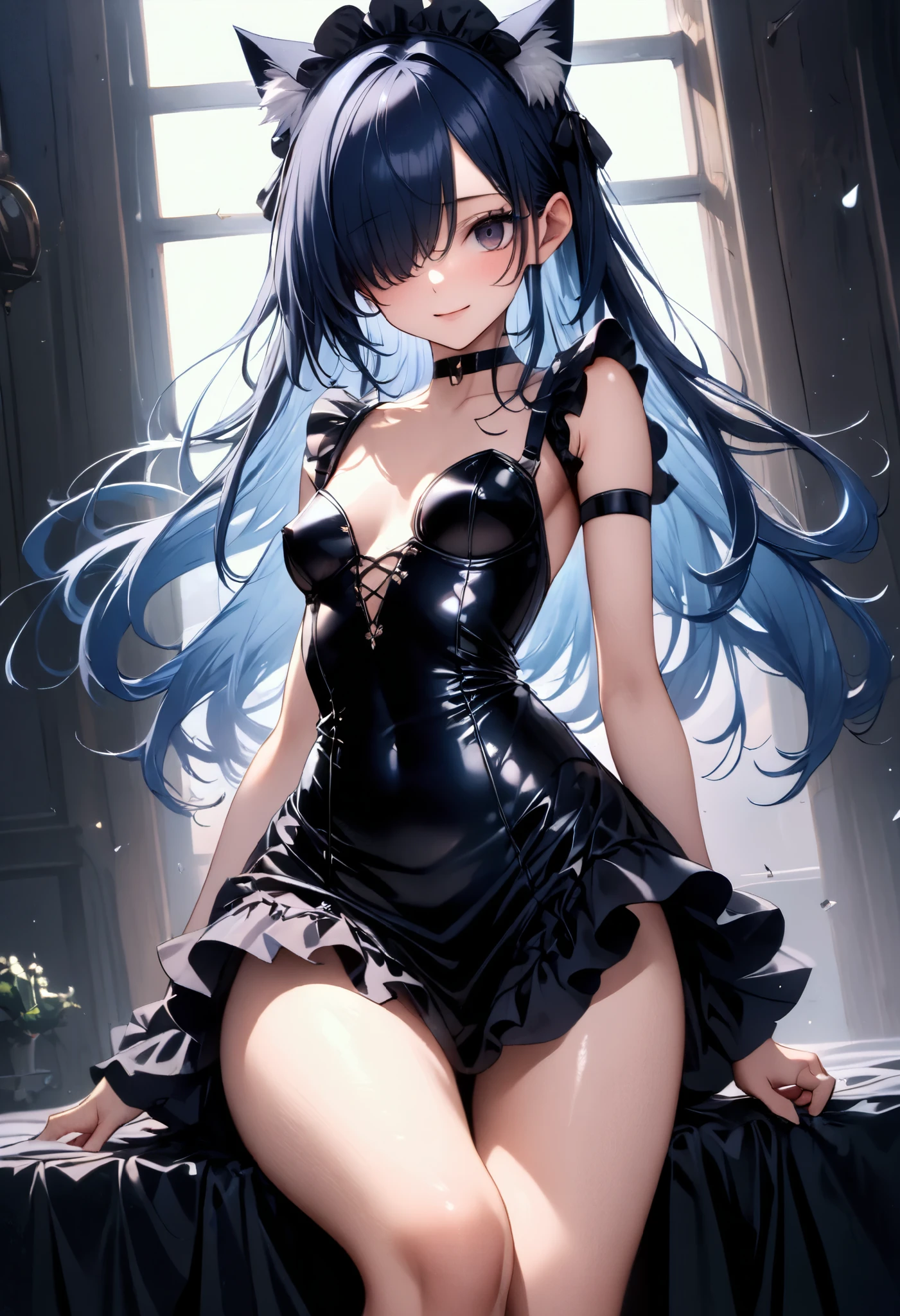 1girl, Short, black tiara with thorns, emotionless, black dress with mini skirt, full body, large thighs, long blue hair, top blue hair, chained lower red hair, blue fox ears, scorpion tail, large bust, gray eyes, gray pupils, standing, room, scanned, , Hedda Sterne