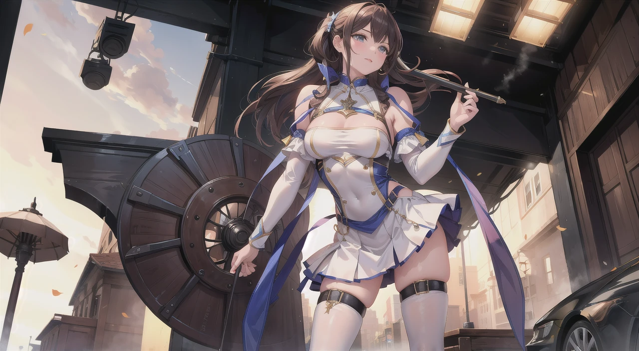masterpiece,best quality,kim_kwang_hyun, 1girl, surcouf, large Long hair , chunky, solo, magenta colored hair, large huge breasts, looking at viewer, Green eyes, deep magenta colored hair, big boson, large huge breasts, long sleeves, dress, cleavage, closed mouth, weapon (( hand edge)), puffy sleeves, arm up, clothing cutout, copyright name, red dress, cleavage cutout, juliet sleeves , power armor, shoulder armor, deep magenta colored hair, green eyes, angry eyes