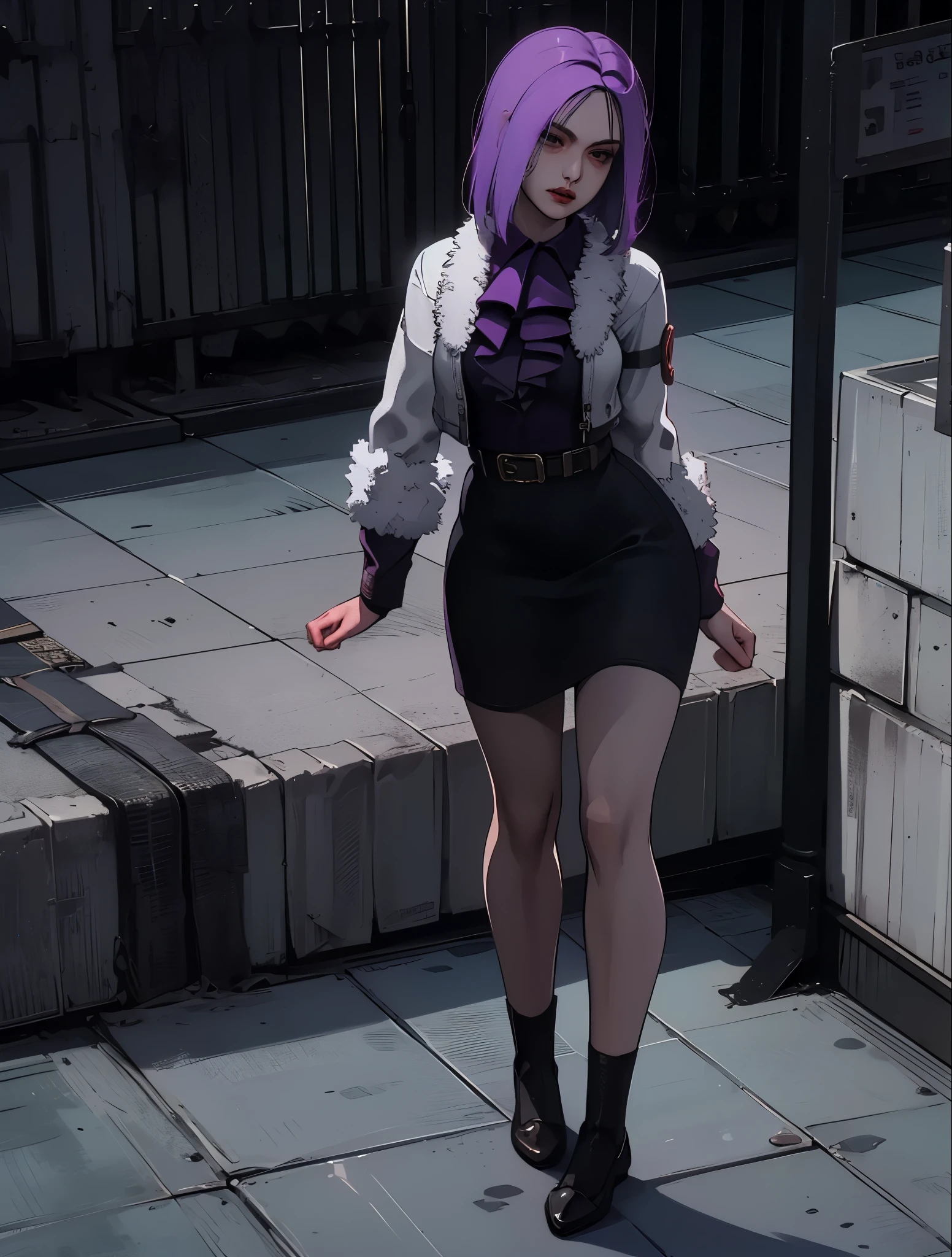 1 , yun jin lee personagem do jogo dead by daylight, Yun Jin Lee sobrevivente, Dead by Daylight ultra preciso detalhado, Vista traseira, perfil Brilho, Obra-prima, Melhor qualidade, cabelo lilaz, Photorealistic style, Instagram pic, ((Full body)), sexy uniform,  realistic detailed, excited, depth of field, reflection light, social media composition, wide shot, from above, f/1.8, 85mm, Nikon, 16k, masterpiece, high details, high quality, highres, wallpaper, correção dos olhos, correção de postura, correção de pose , 24-year-old female,  long legs,sexy ,exaggeratedly short dress ,long sleeves, ultra black dress ,semi-exposed thighs ,(hips:1,62)