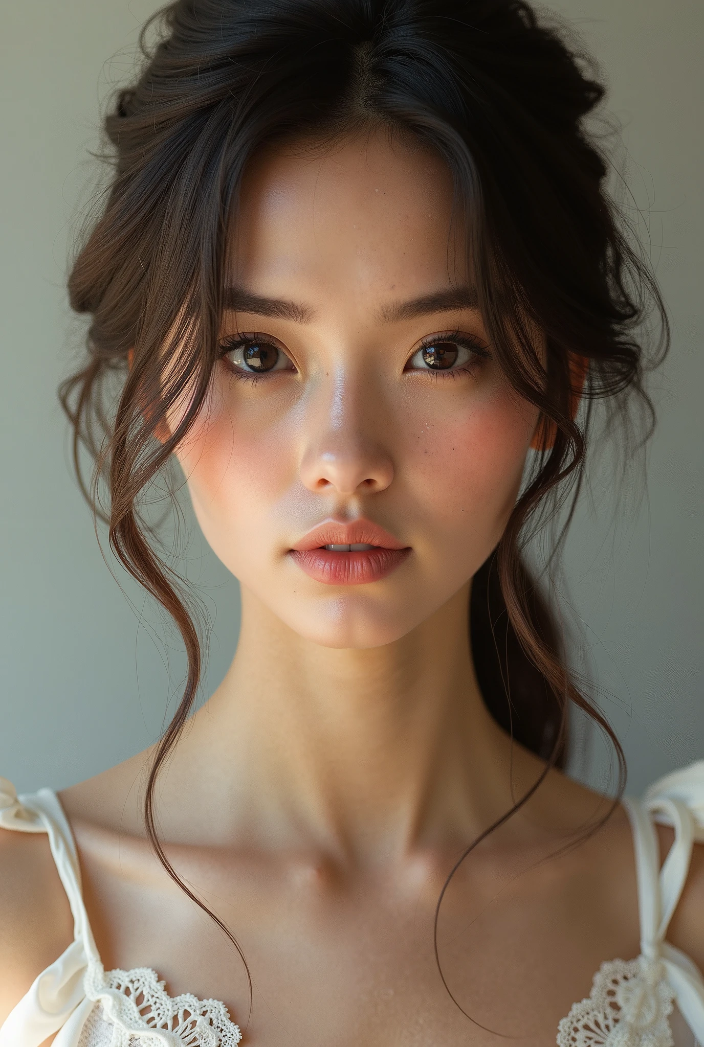 Arafed asian woman with a white dress and a necklace - SeaArt AI