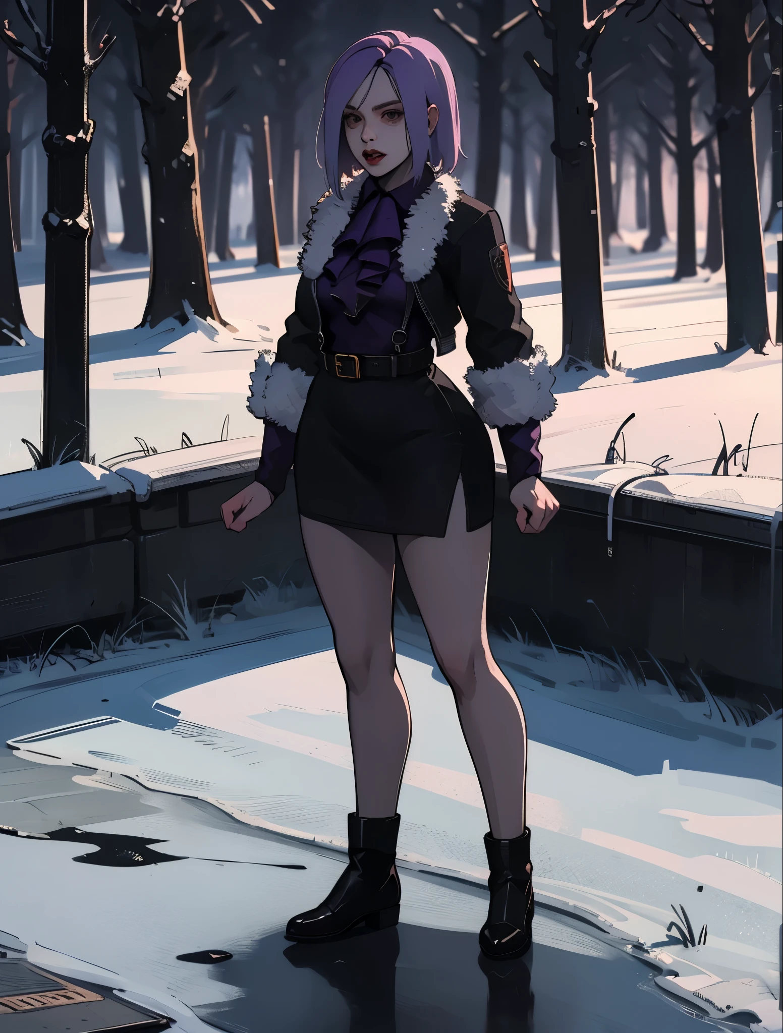 1 , yun jin lee personagem do jogo dead by daylight, Yun Jin Lee sobrevivente, Dead by Daylight ultra preciso detalhado, Vista traseira, perfil Brilho, Obra-prima, Melhor qualidade, cabelo lilaz, Photorealistic style, Instagram pic, ((Full body)), sexy uniform, realistic detailed, excited, depth of field, reflection light, social media composition, wide shot, from above, f/1.8, 85mm, Nikon, 16k, masterpiece, high details, high quality, highres, wallpaper, correção dos olhos, correção de postura, correção de pose , 24-year-old female, long legs,sexy ,exaggeratedly short dress ,long sleeves, ultra black dress ,semi-exposed thighs ,(hips:1,62)