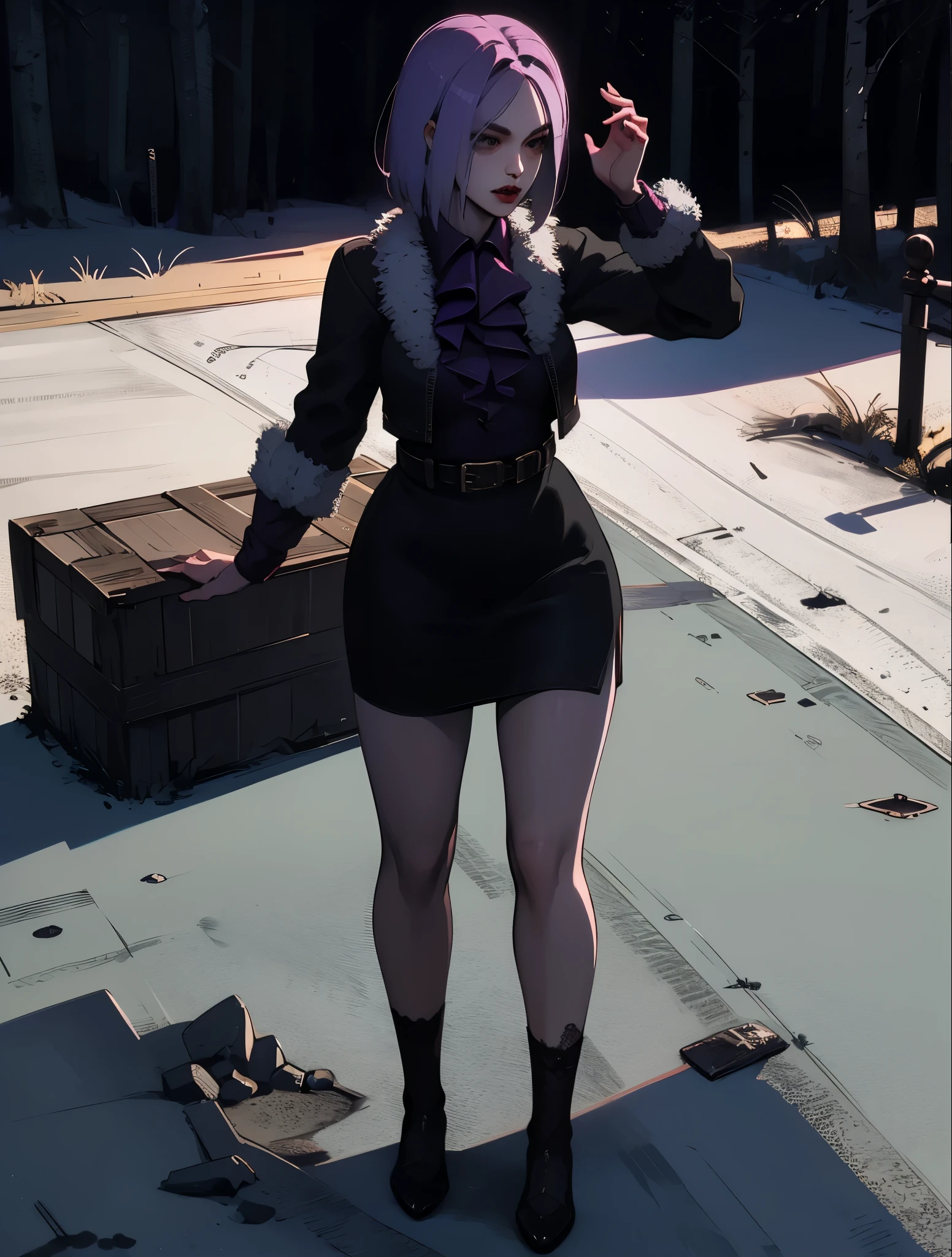 1 , yun jin lee personagem do jogo dead by daylight, Yun Jin Lee sobrevivente, Dead by Daylight ultra preciso detalhado, Vista traseira, perfil Brilho, Obra-prima, Melhor qualidade, cabelo lilaz, Photorealistic style, Instagram pic, ((Full body)), sexy uniform,  realistic detailed, excited, depth of field, reflection light, social media composition, wide shot, from above, f/1.8, 85mm, Nikon, 16k, masterpiece, high details, high quality, highres, wallpaper, correção dos olhos, correção de postura, correção de pose , 24-year-old female,  long legs,sexy ,exaggeratedly short dress ,long sleeves, ultra black dress ,semi-exposed thighs ,(hips:1,62)